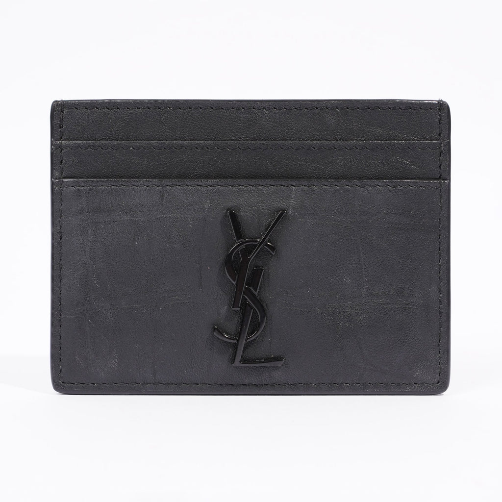 Saint Laurent Womens Cassandre Croc Embossed Card Holder Black