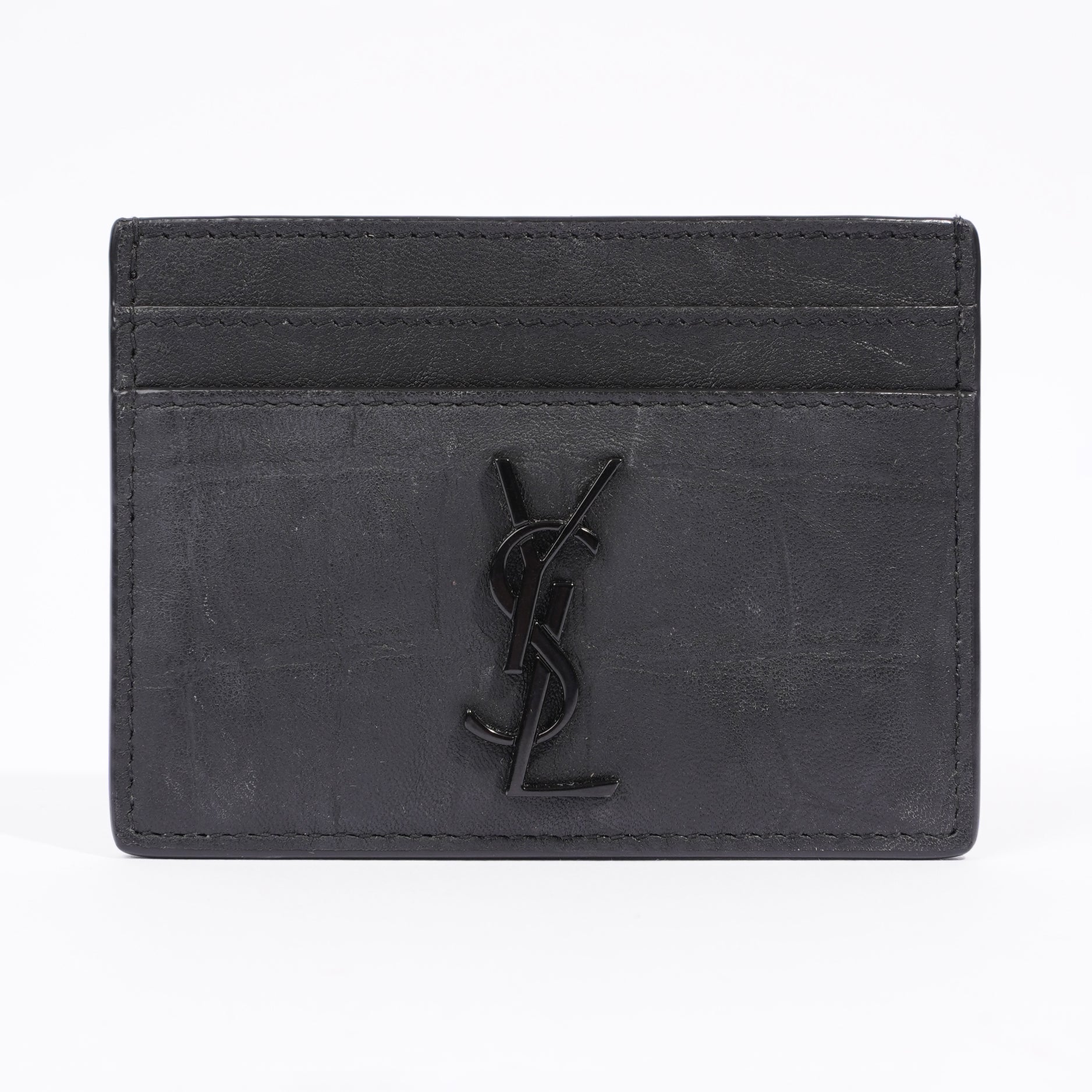 Saint Laurent Womens Cassandre Croc Embossed Card Holder Black