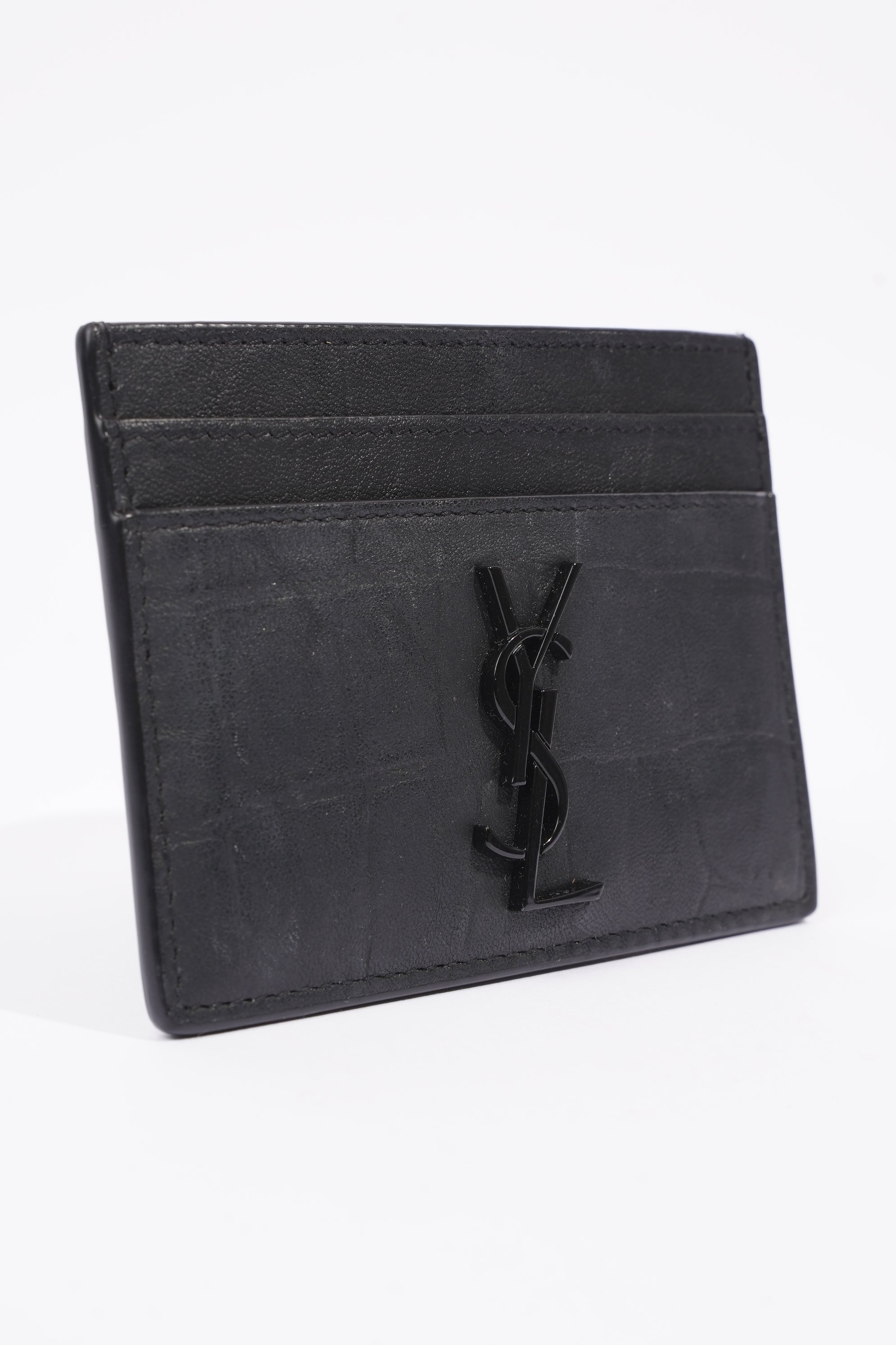 Saint Laurent Womens Cassandre Croc Embossed Card Holder Black