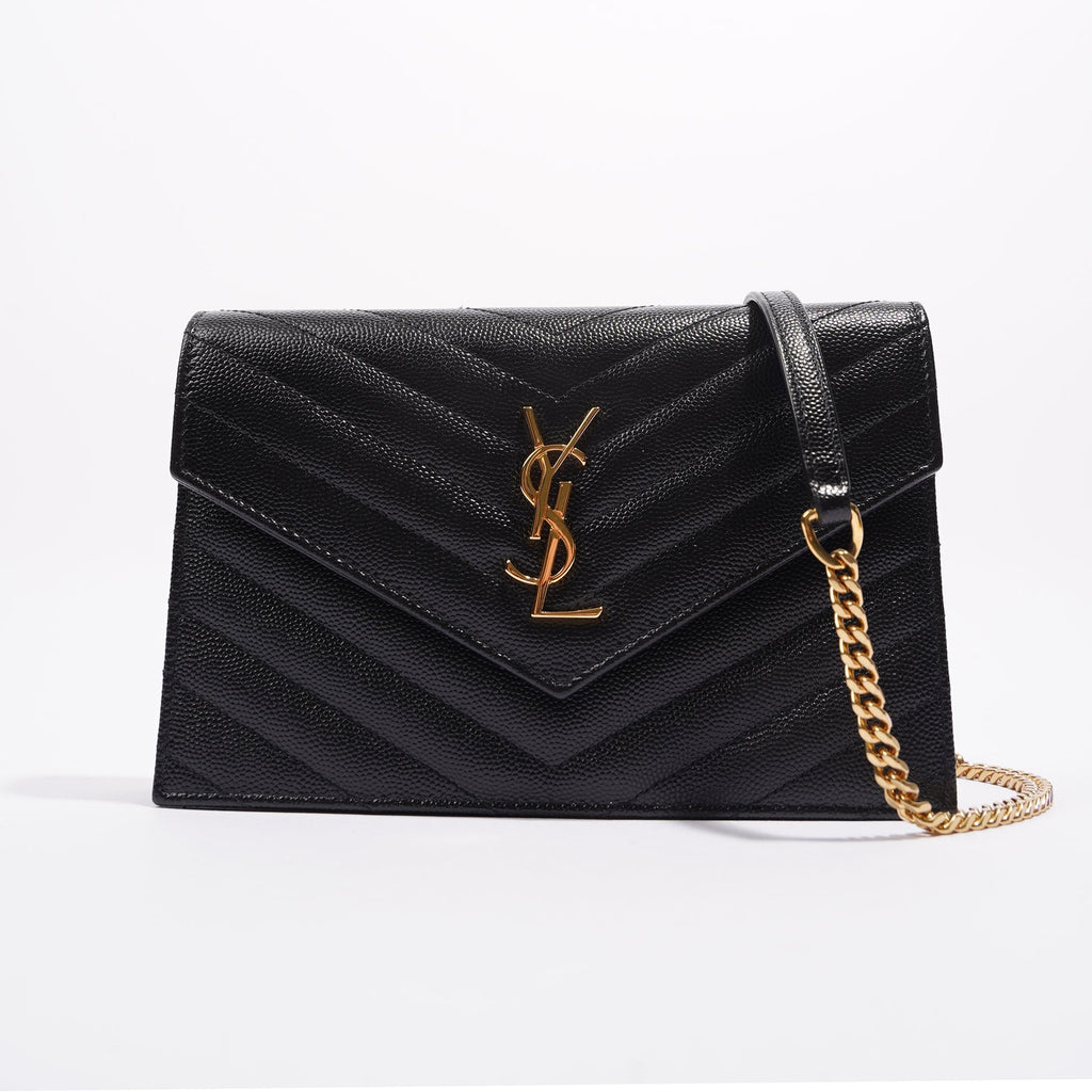 Saint Laurent Womens Cassandre Chain Wallet Black Matelasse