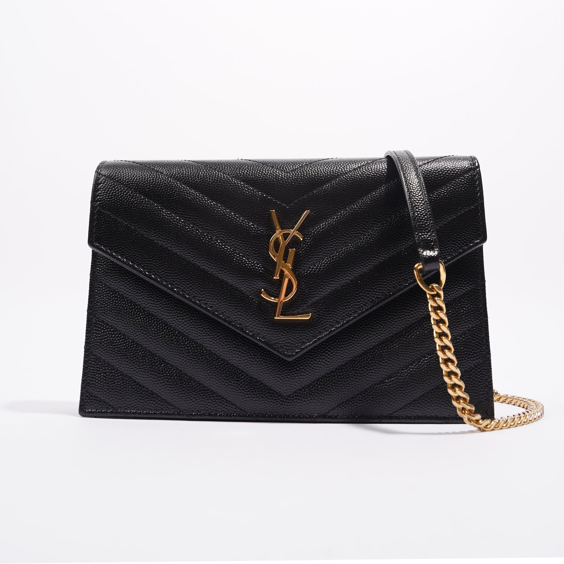 Saint Laurent Womens Cassandre Chain Wallet Black Matelasse