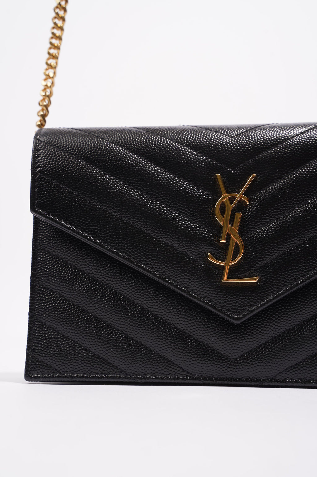 Saint Laurent Womens Cassandre Chain Wallet Black Matelasse