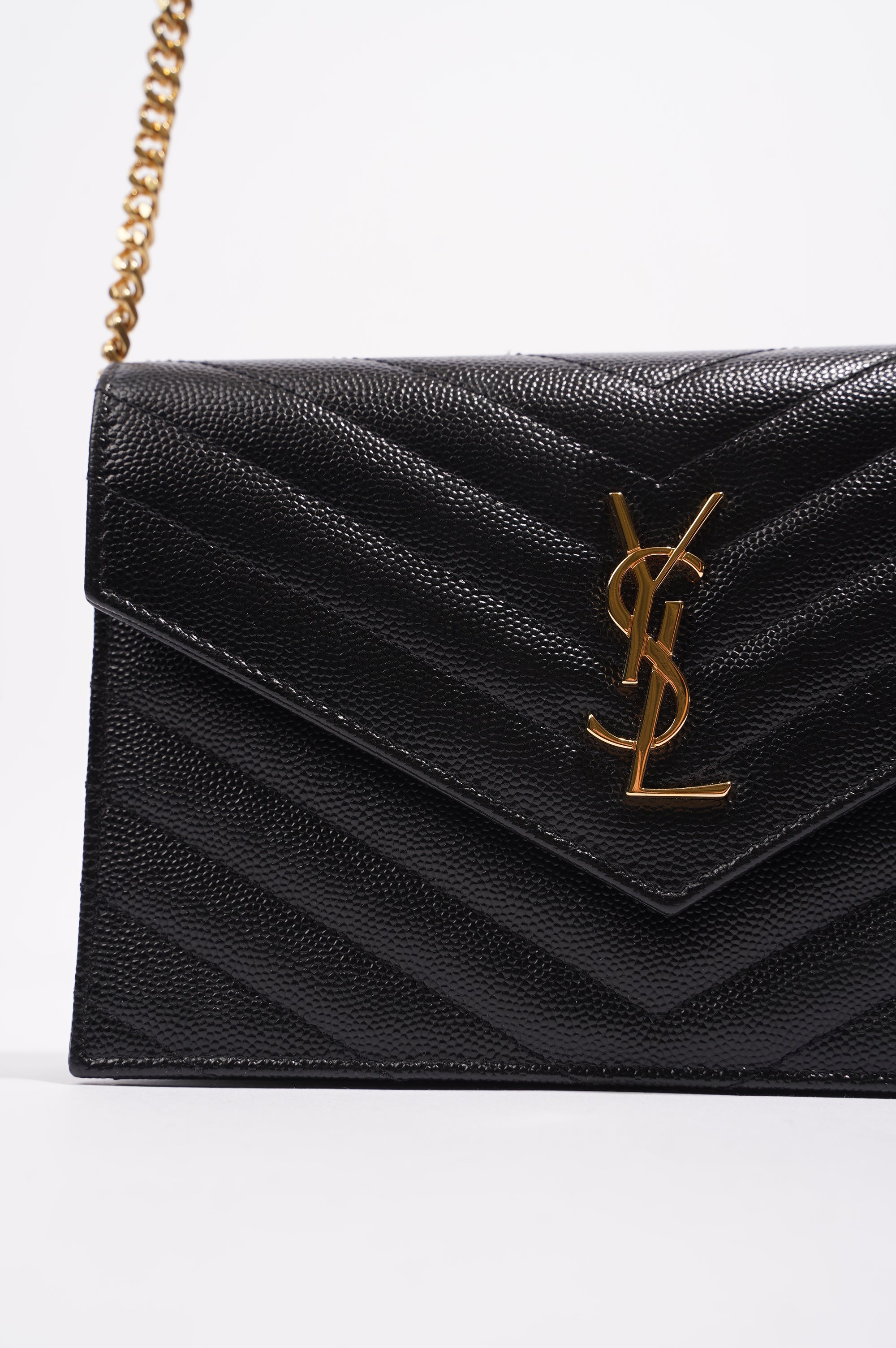 Saint Laurent Womens Cassandre Chain Wallet Black Matelasse