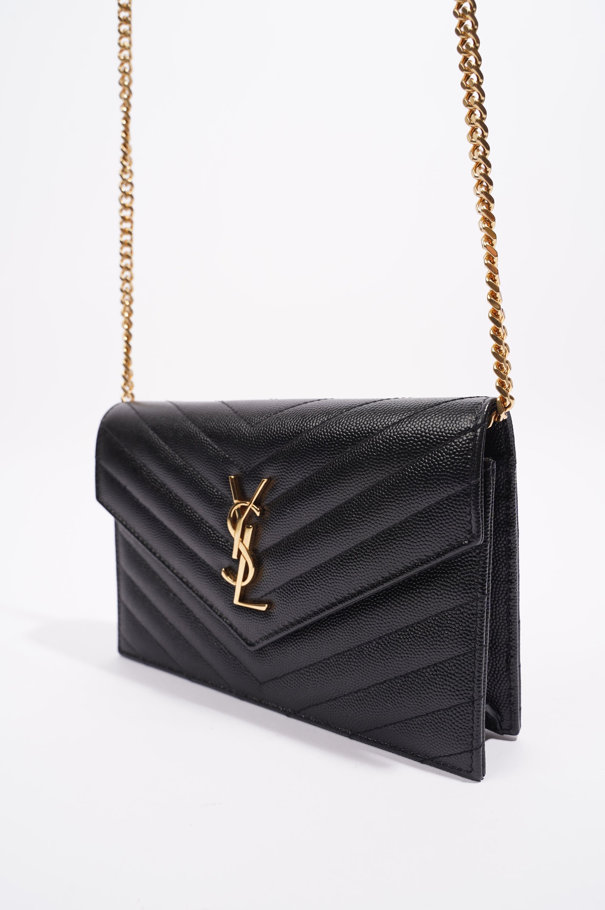 Saint Laurent Womens Cassandre Chain Wallet Black Matelasse