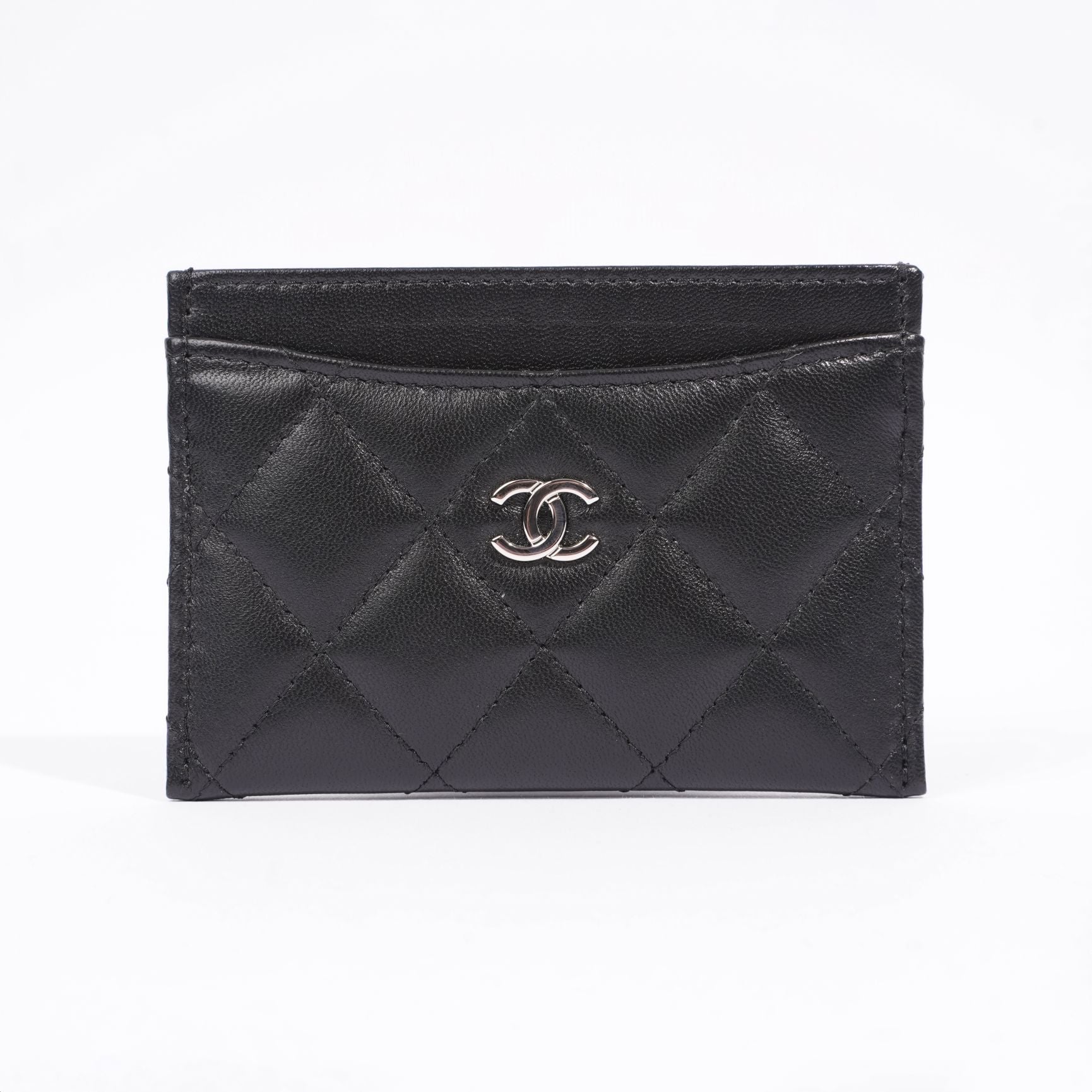 Chanel Womens Quilted Card Holder Black Leather