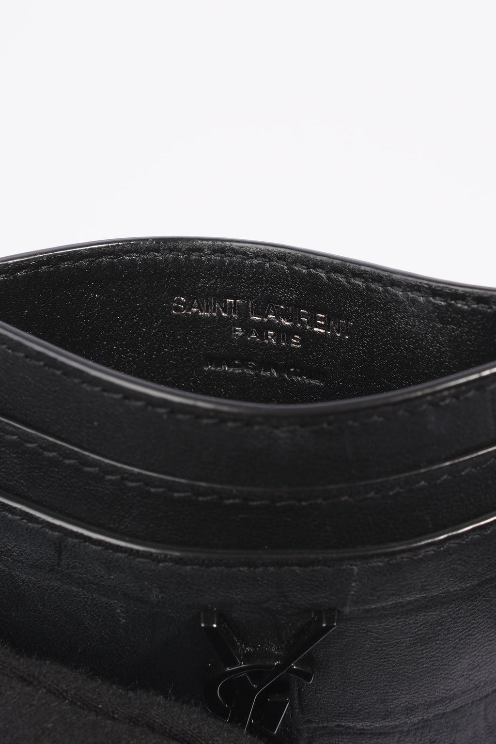 Saint Laurent Womens Cassandre Croc Embossed Card Holder Black