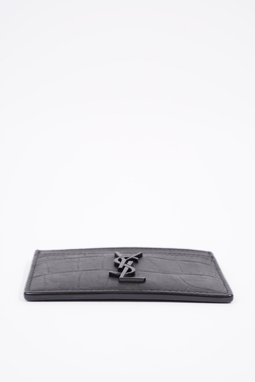 Saint Laurent Womens Cassandre Croc Embossed Card Holder Black