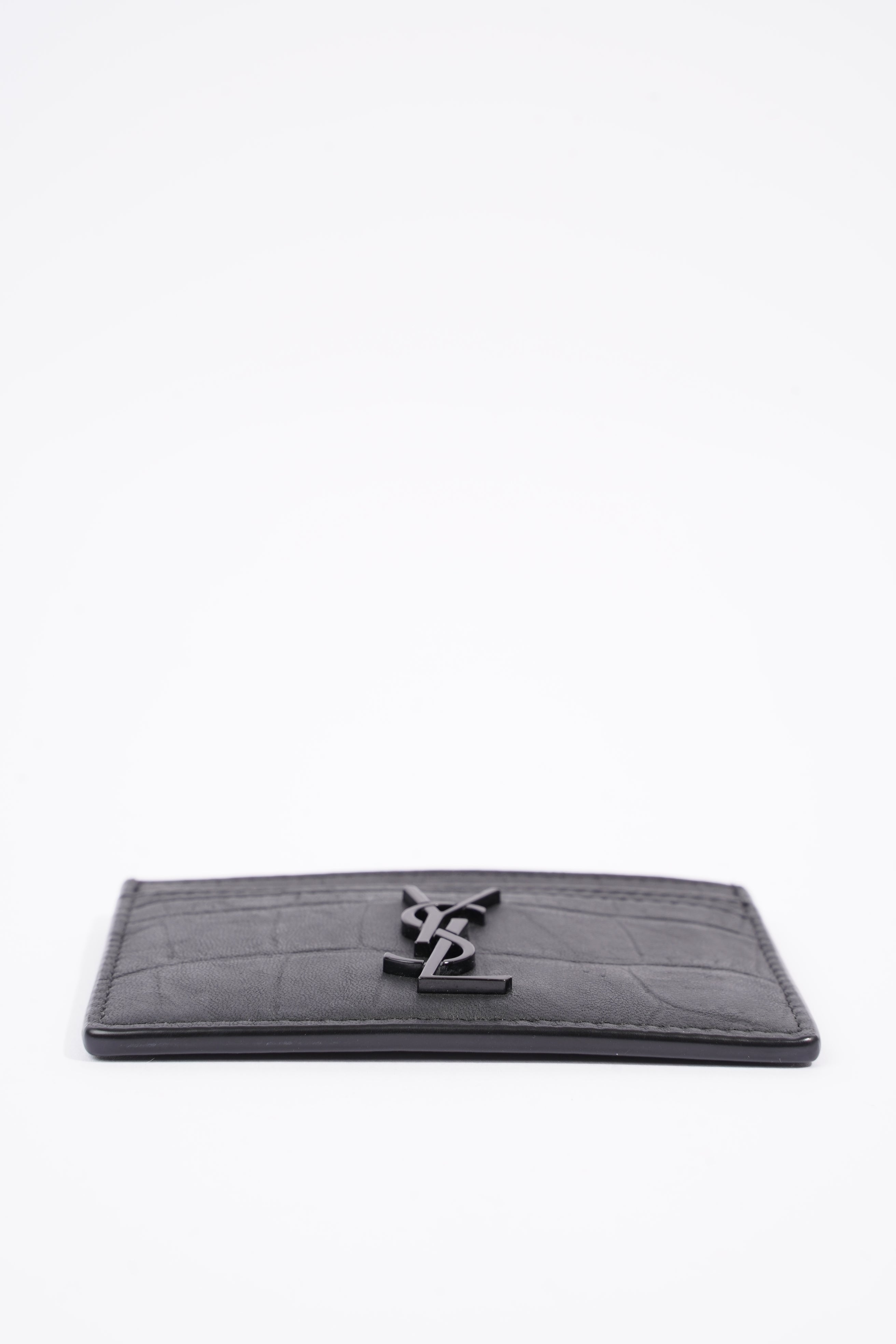 Saint Laurent Womens Cassandre Croc Embossed Card Holder Black