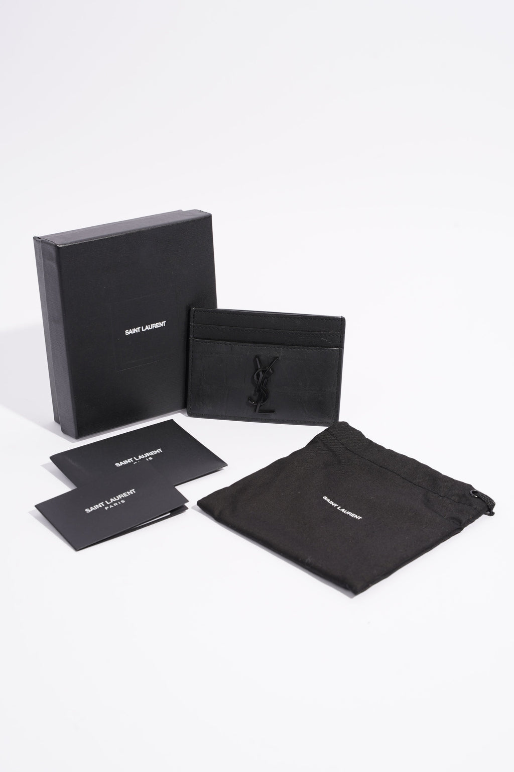Saint Laurent Womens Cassandre Croc Embossed Card Holder Black