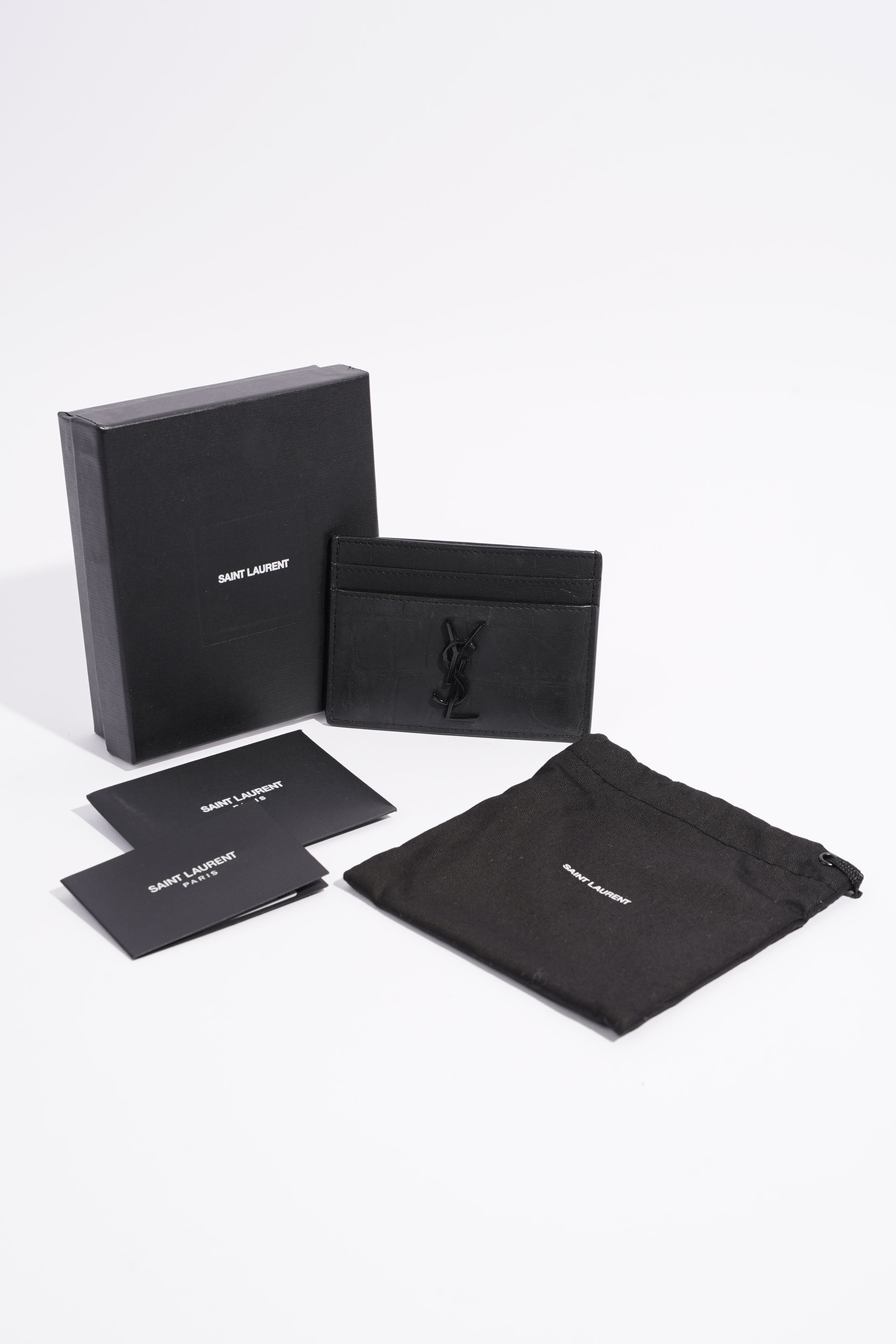 Saint Laurent Womens Cassandre Croc Embossed Card Holder Black
