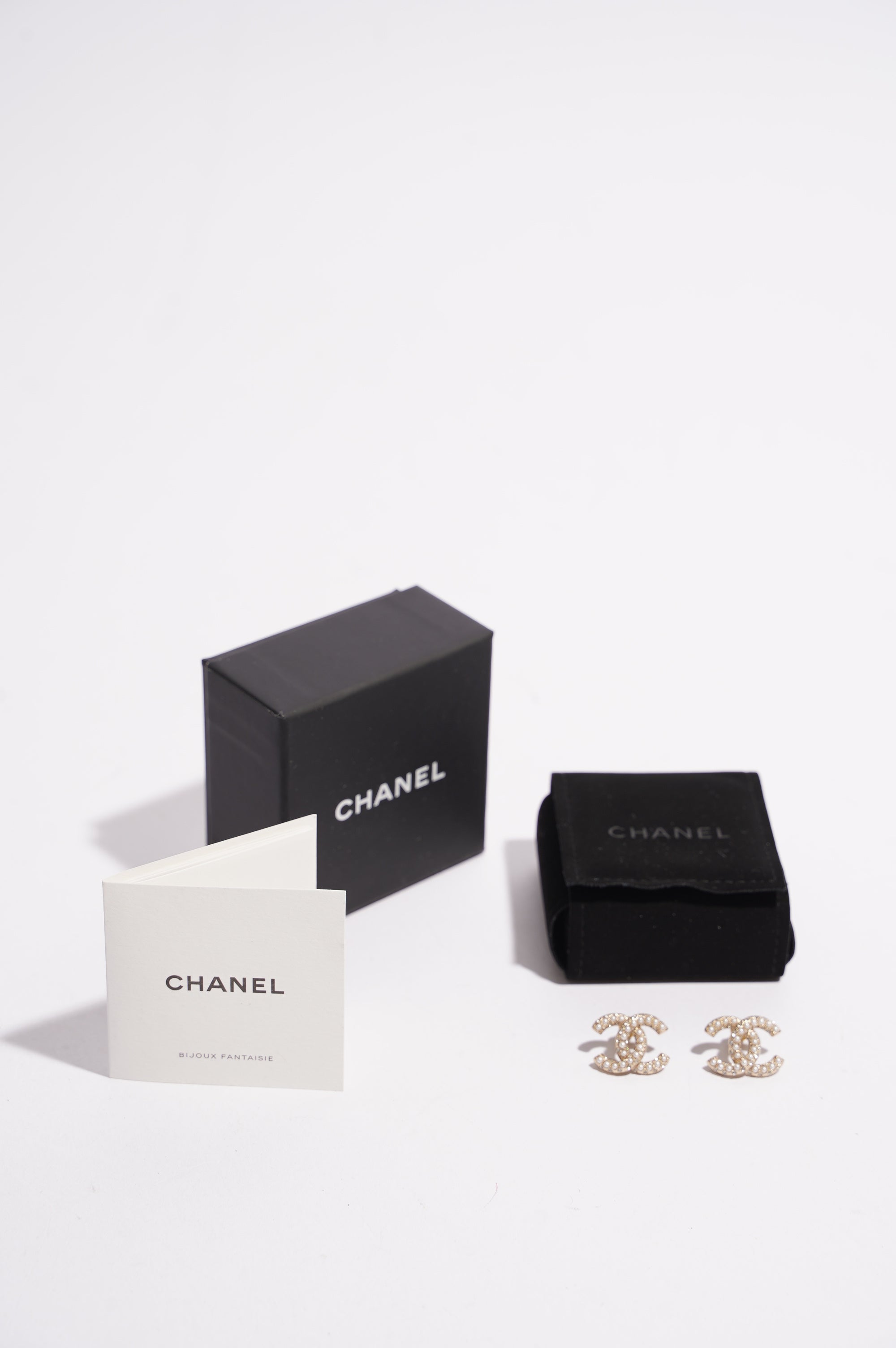 Chanel Womens CC Pearl and Crystals Earrings A21 Golden Finish