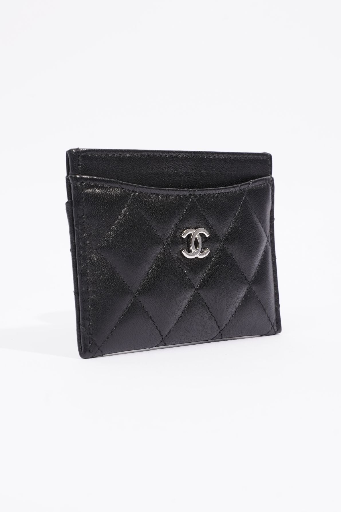 Chanel Womens Quilted Card Holder Black Leather