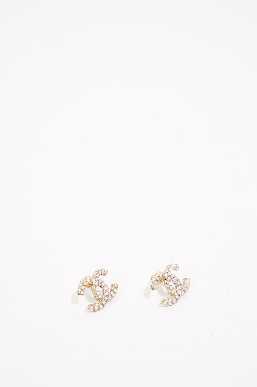 Chanel Womens CC Pearl and Crystals Earrings A21 Golden Finish