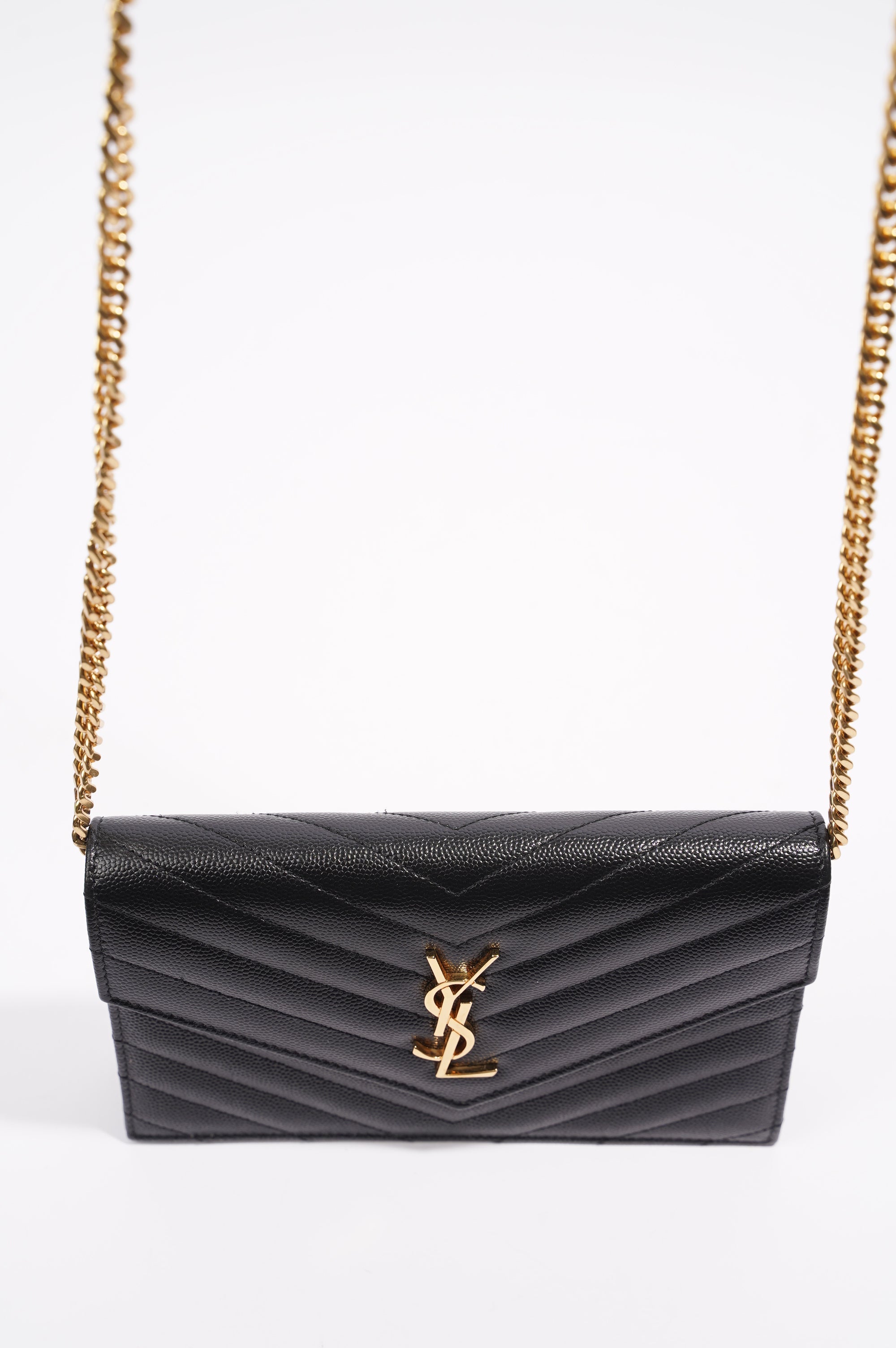 Saint Laurent Womens Cassandre Chain Wallet Black Matelasse