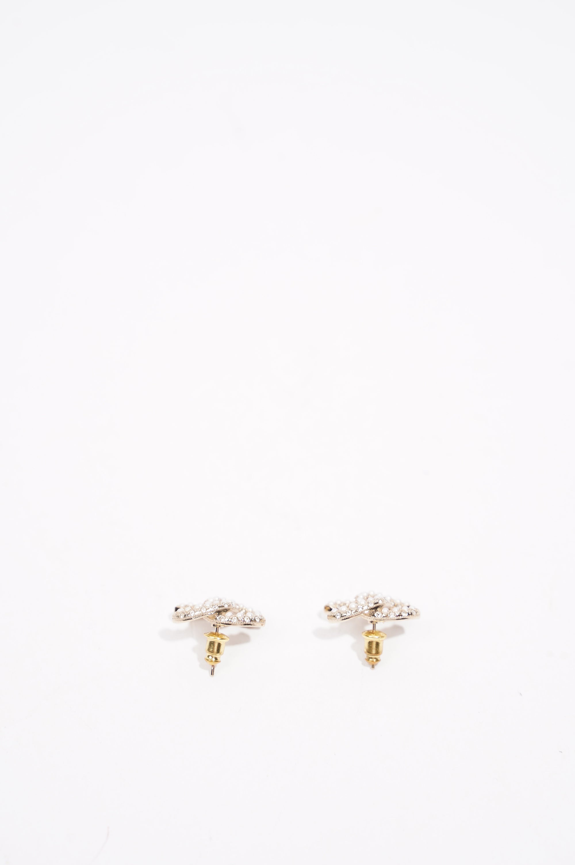 Chanel Womens CC Pearl and Crystals Earrings A21 Golden Finish