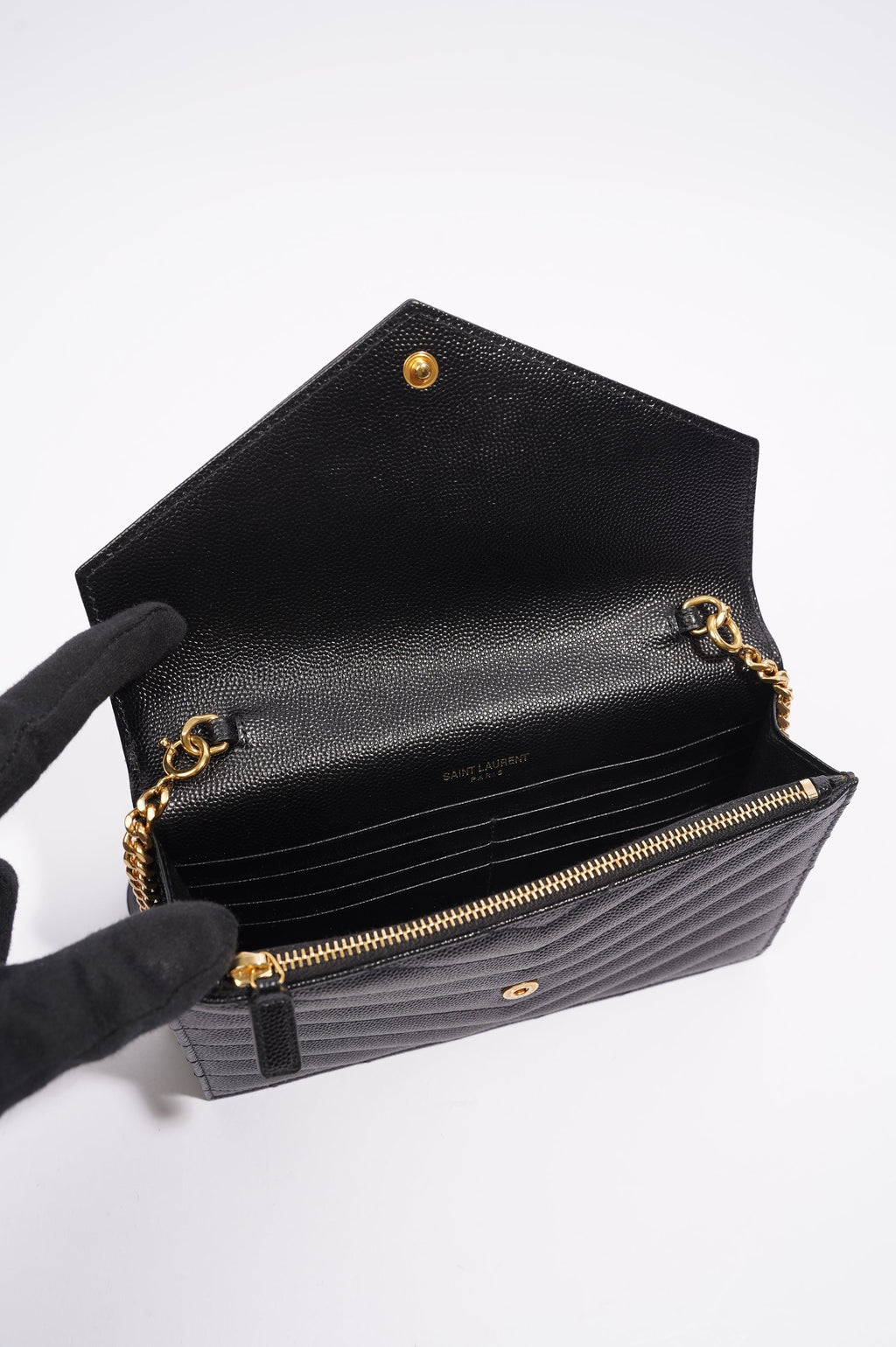 Saint Laurent Womens Cassandre Chain Wallet Black Matelasse