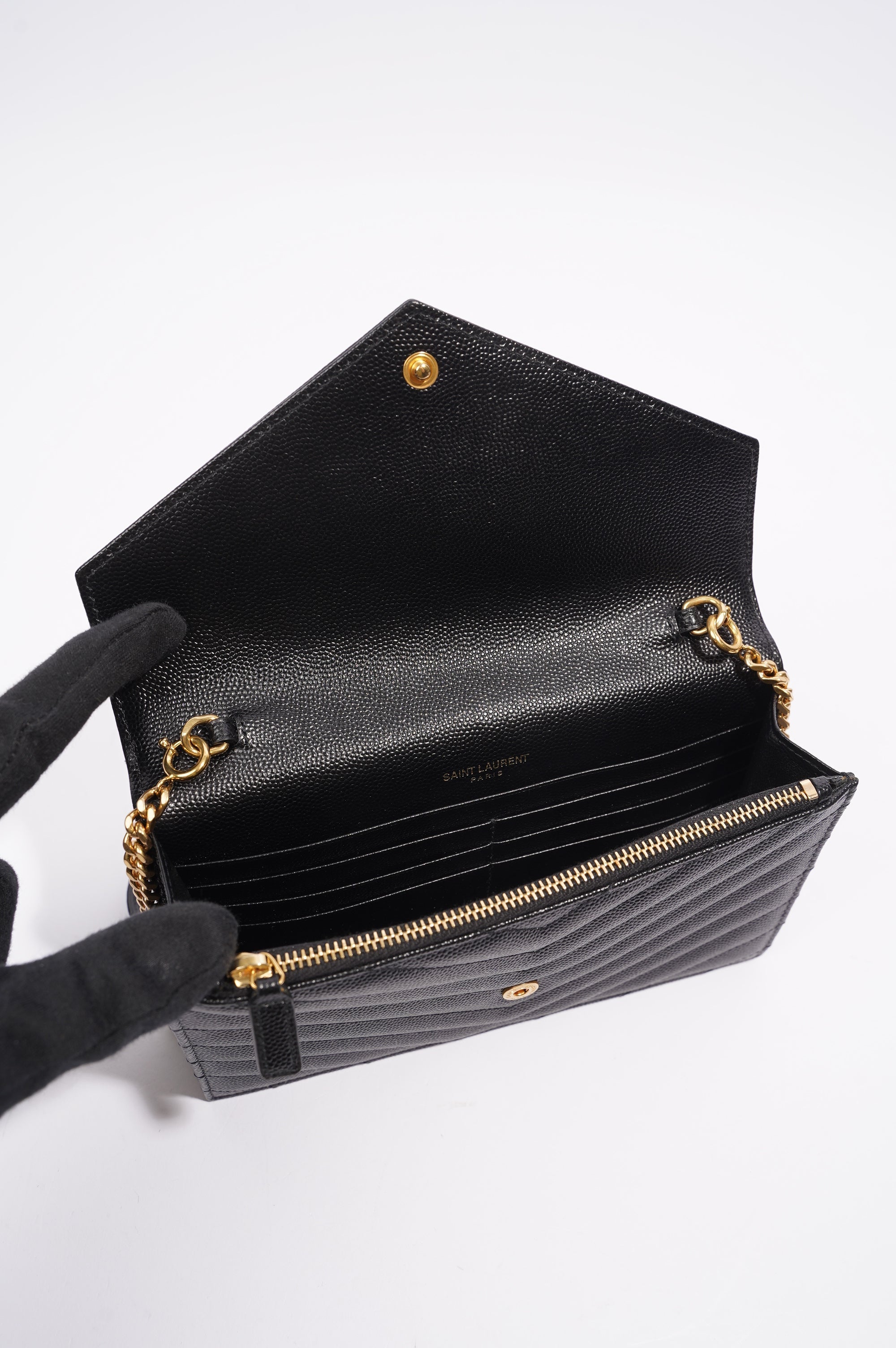 Saint Laurent Womens Cassandre Chain Wallet Black Matelasse
