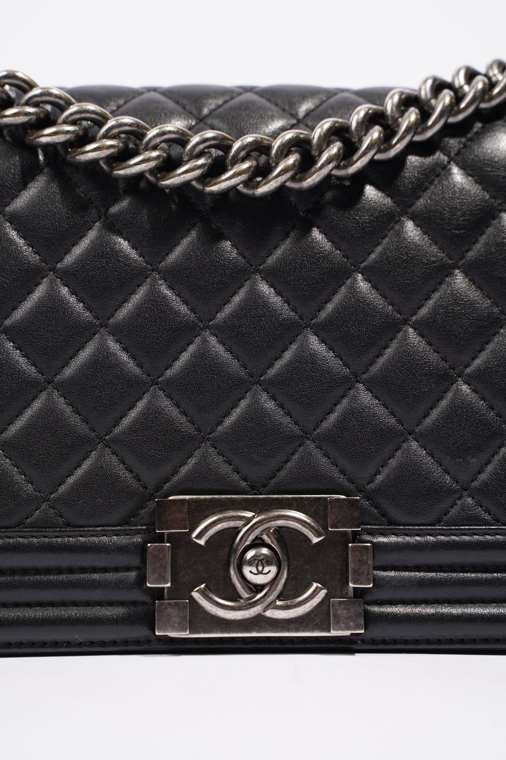 Chanel Womens Lambskin Boy Bag Black Silver Medium