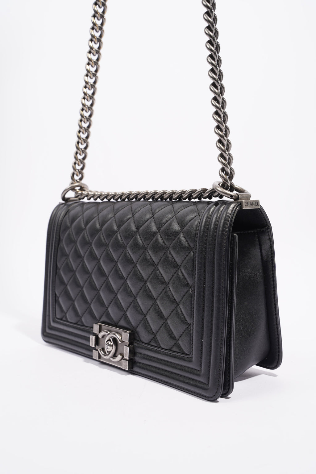 Chanel Womens Lambskin Boy Bag Black Silver Medium