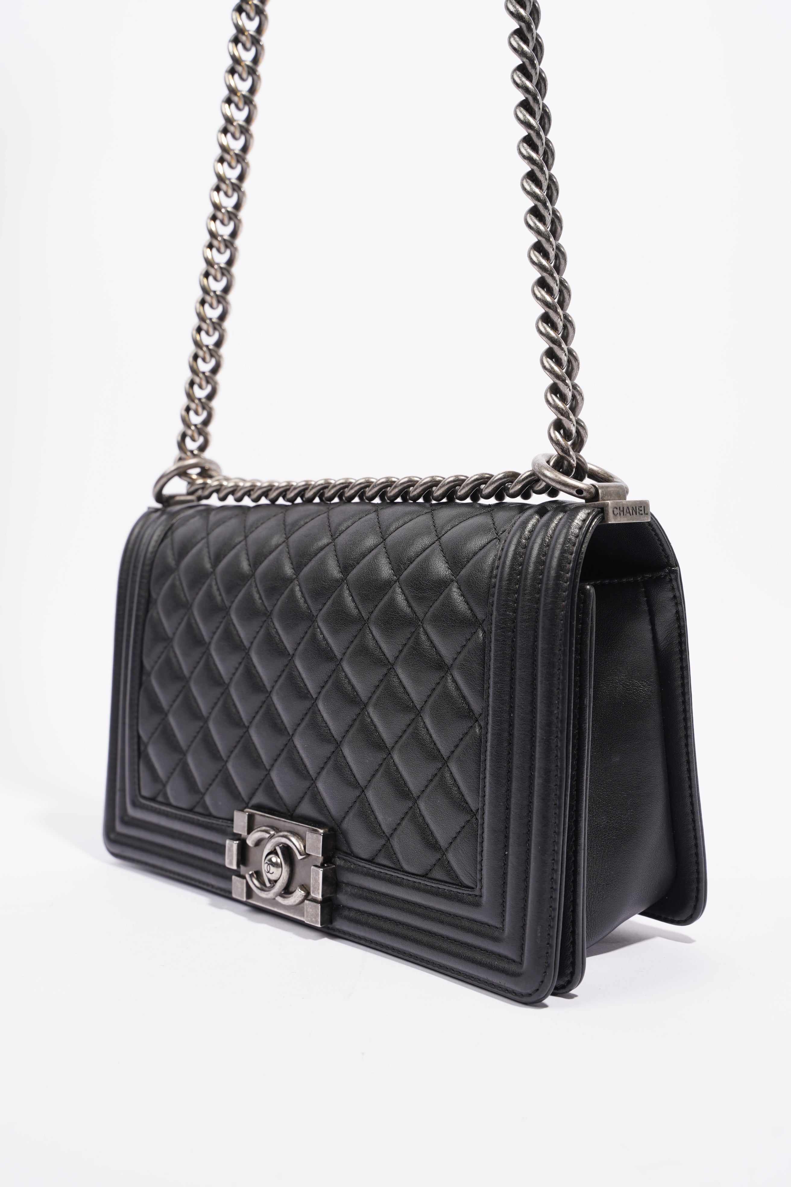 Chanel Womens Lambskin Boy Bag Black Silver Medium