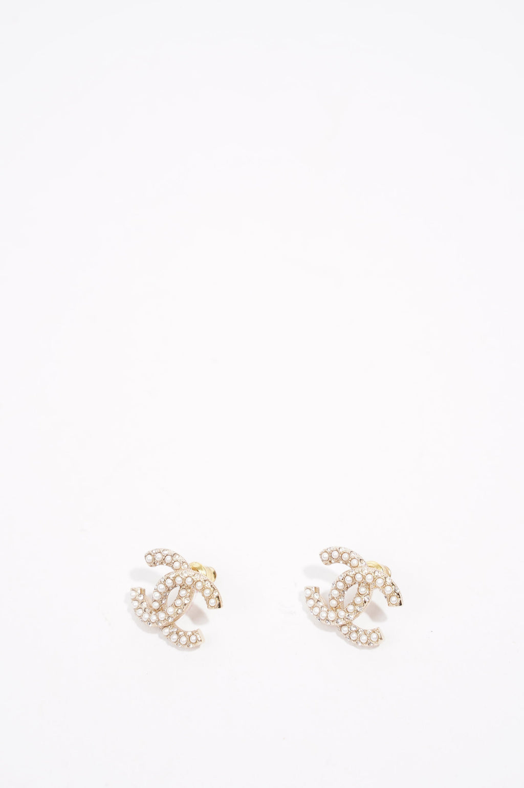 Chanel Womens CC Pearl and Crystals Earrings A21 Golden Finish