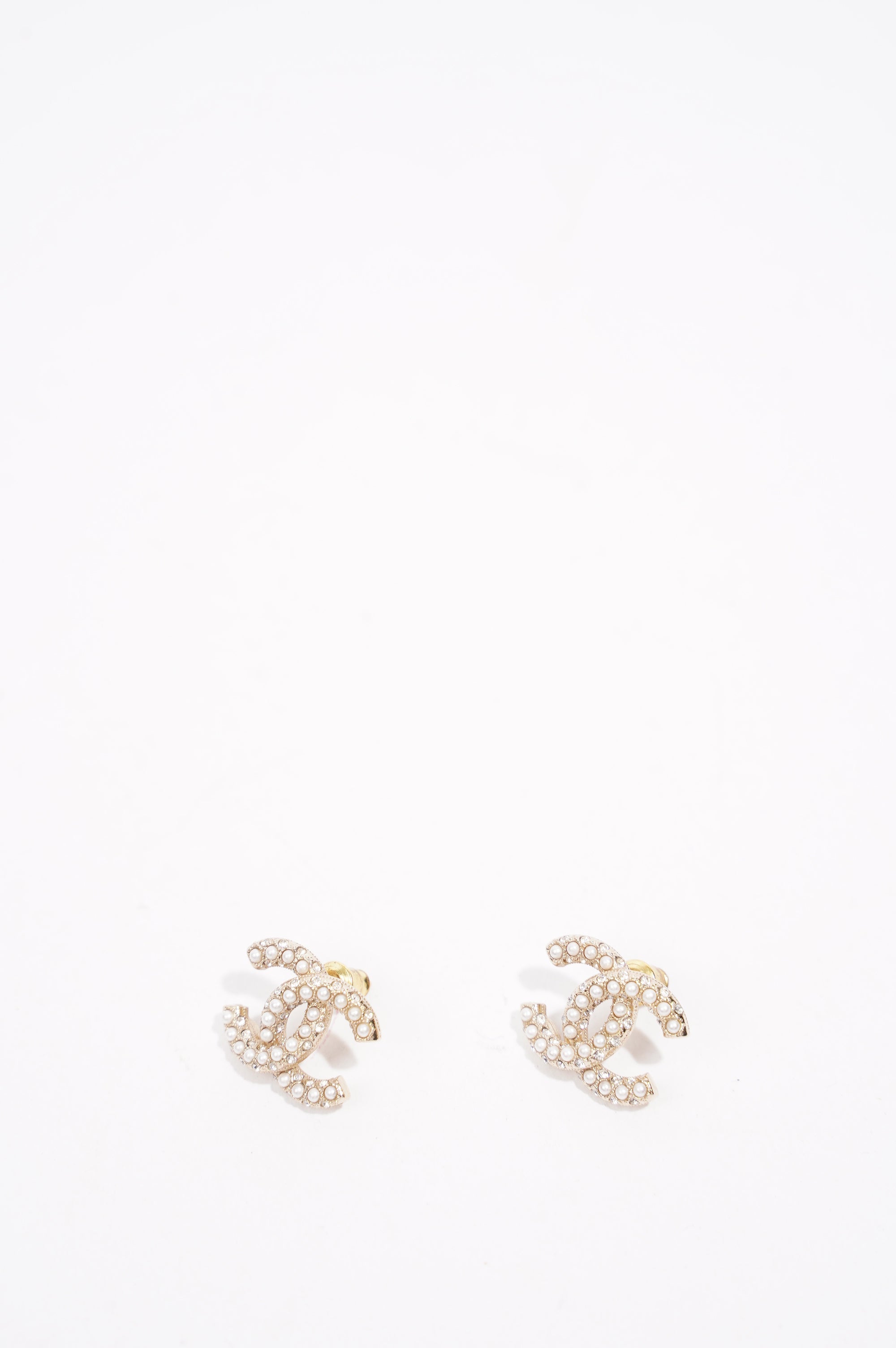Chanel Womens CC Pearl and Crystals Earrings A21 Golden Finish