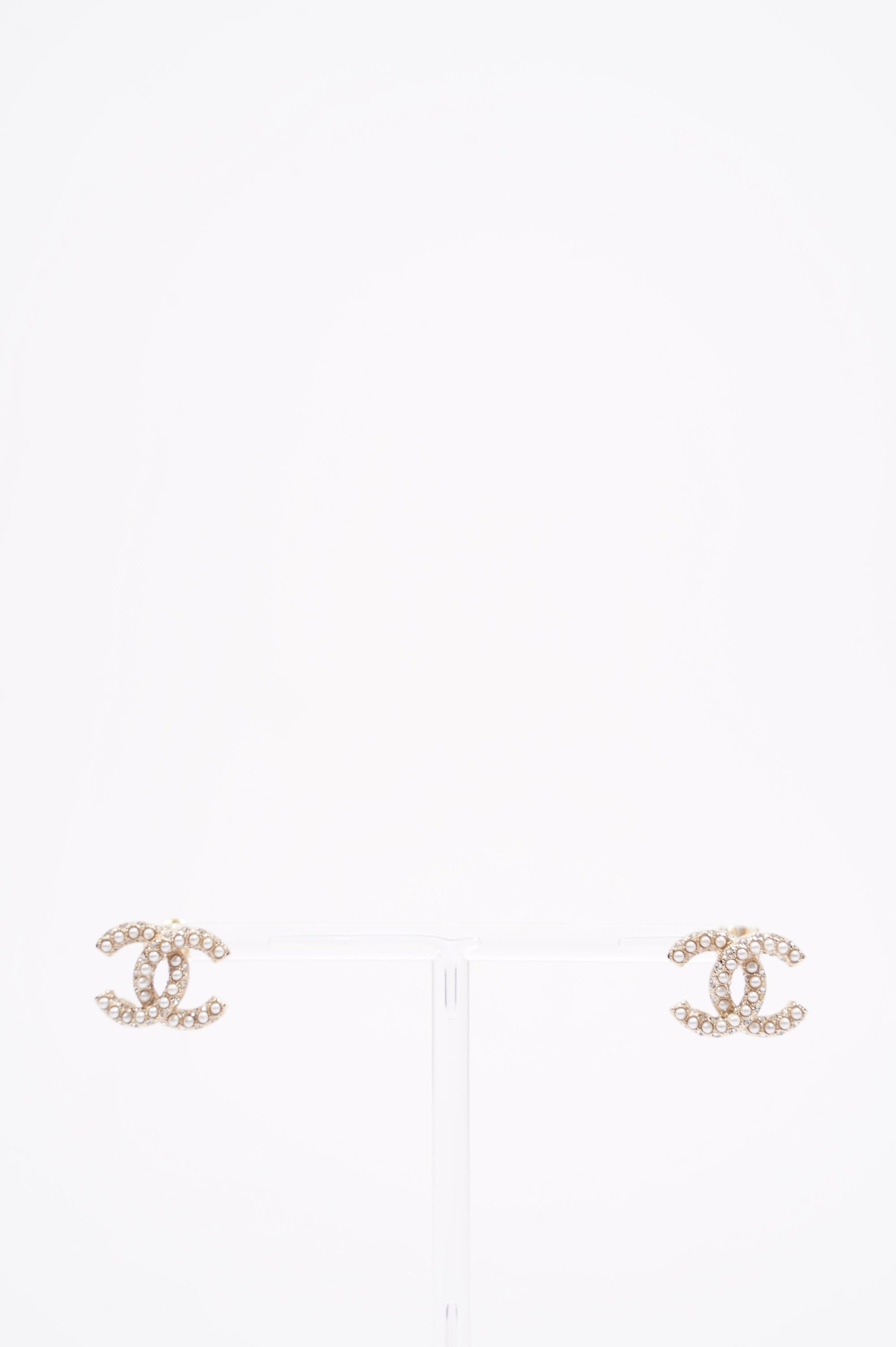 Chanel Womens CC Pearl and Crystals Earrings A21 Golden Finish