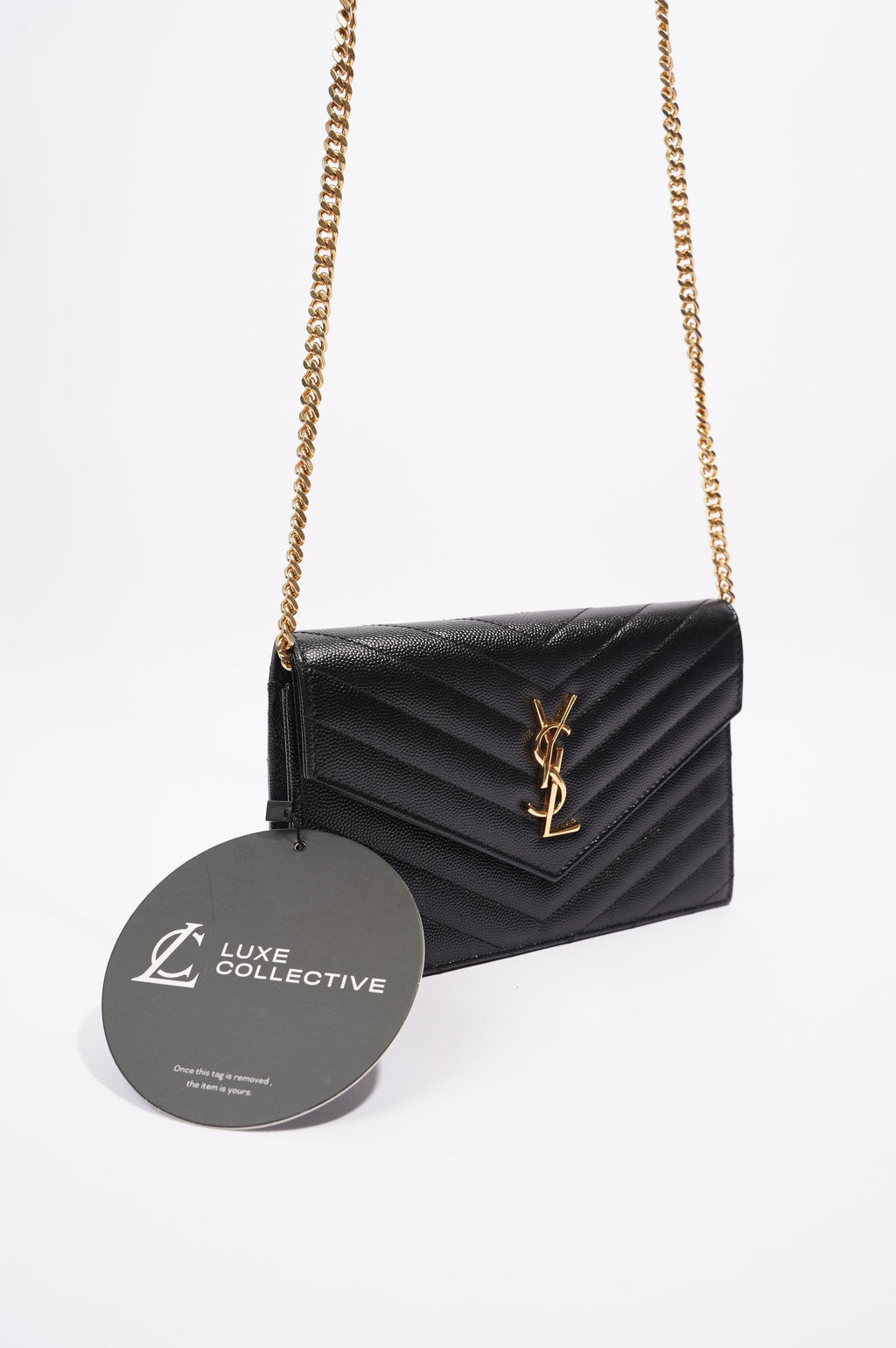 Saint Laurent Womens Cassandre Chain Wallet Black Matelasse