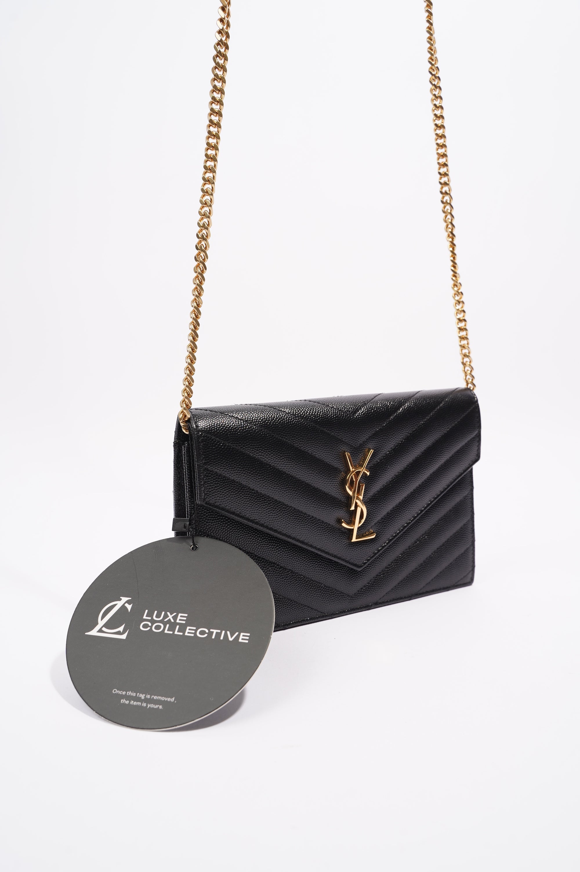 Saint Laurent Womens Cassandre Chain Wallet Black Matelasse
