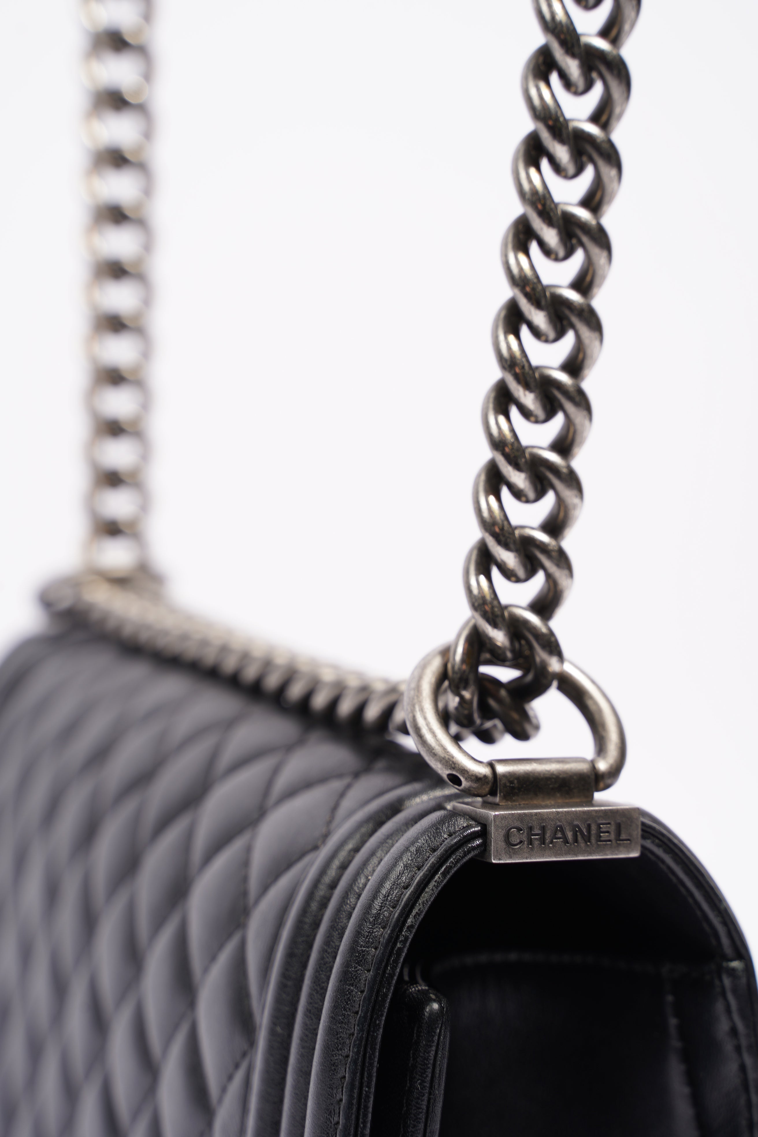 Chanel Womens Lambskin Boy Bag Black Silver Medium