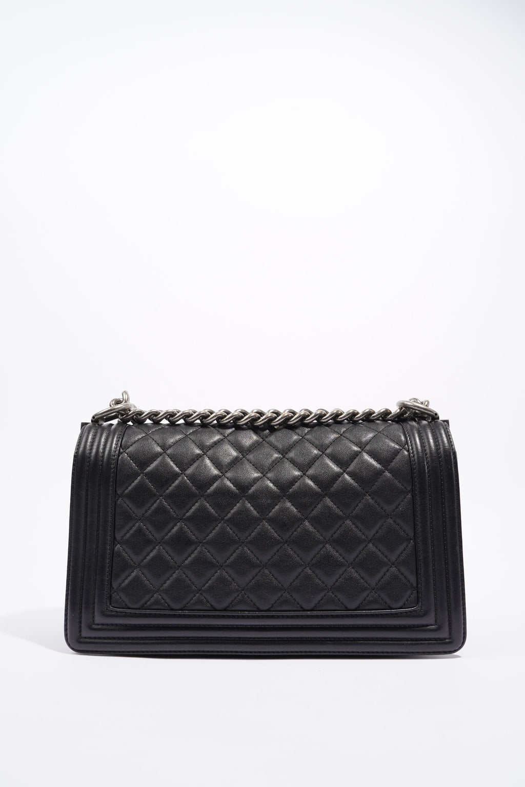 Chanel Womens Lambskin Boy Bag Black Silver Medium