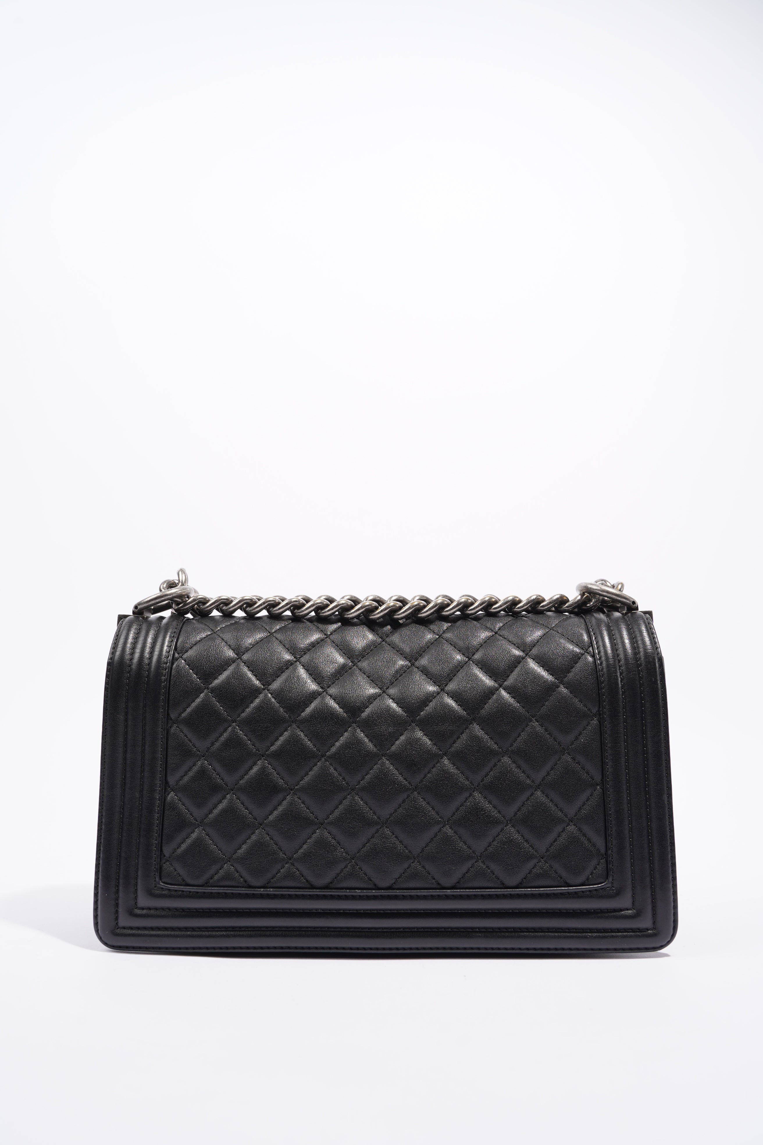 Chanel Womens Lambskin Boy Bag Black Silver Medium