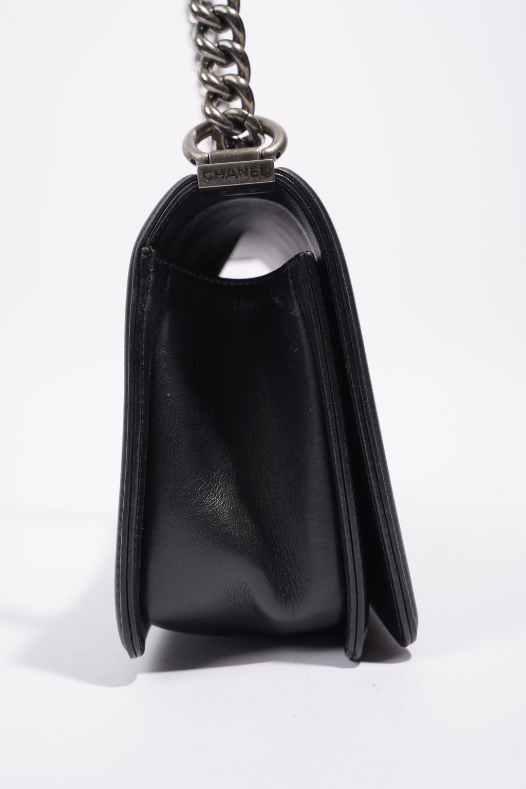 Chanel Womens Lambskin Boy Bag Black Silver Medium