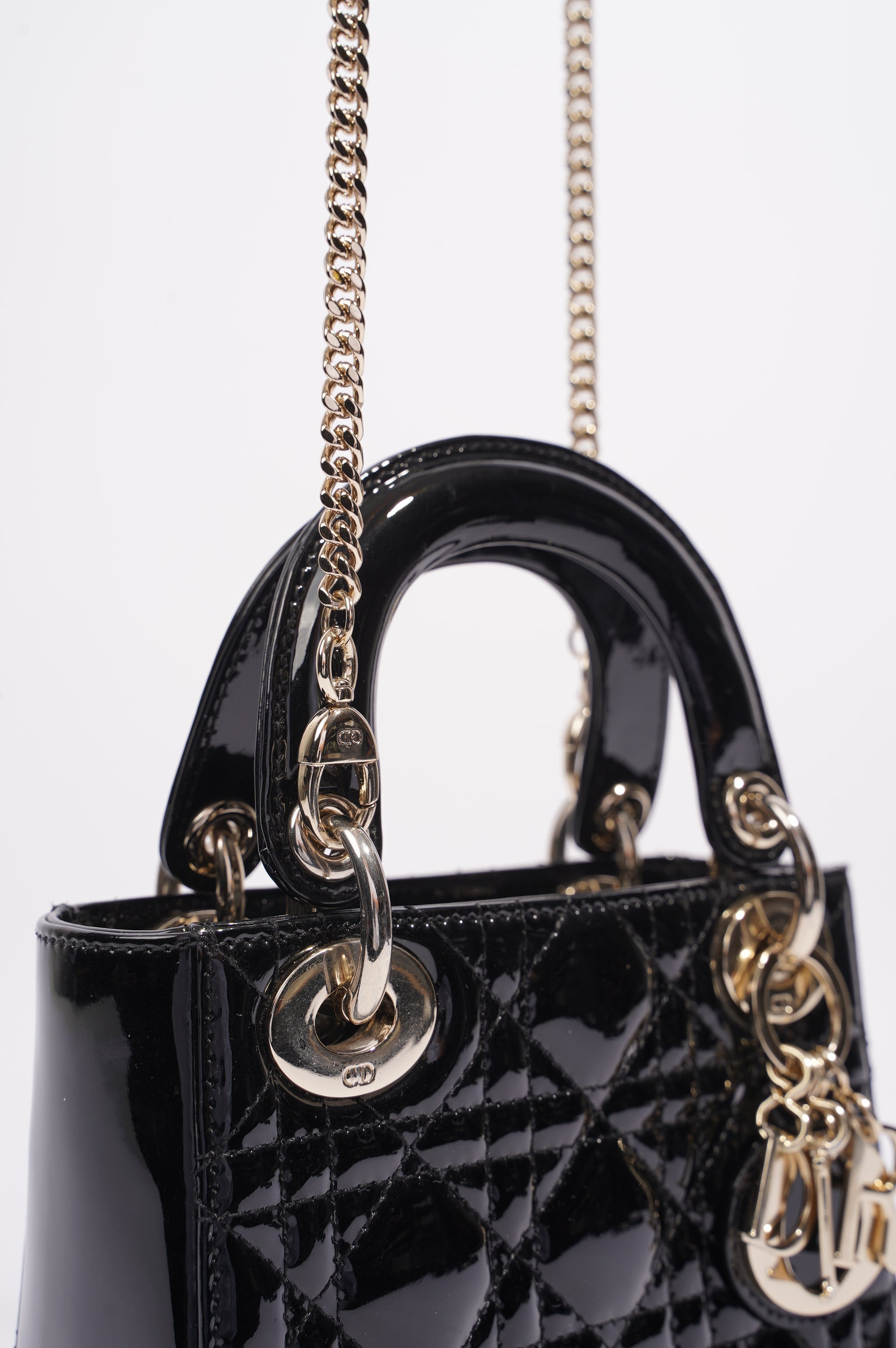Christian Dior Womens Lady Dior Cannage Bag Black Patent Leather Mini