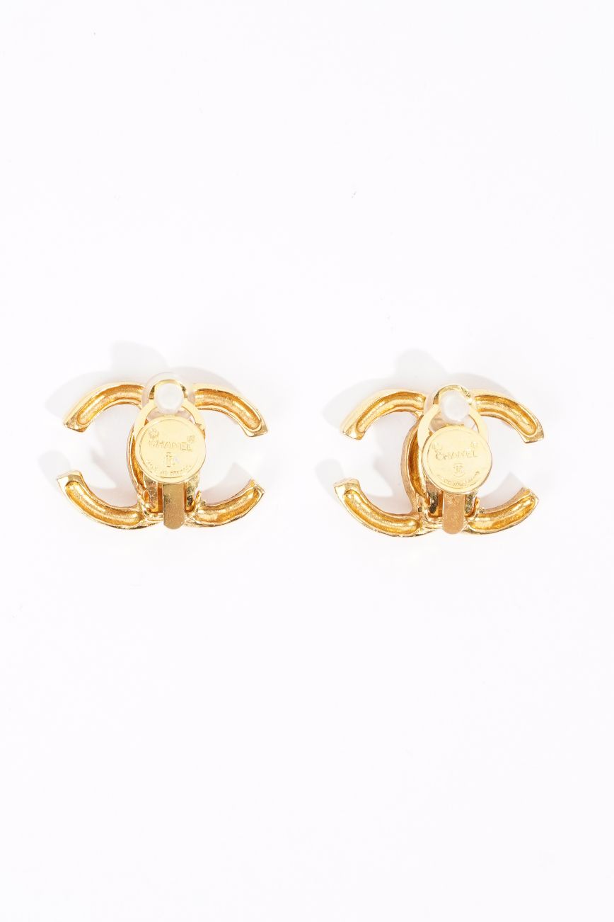 Chanel Womens CC Clip Earrings Gold Finish Base Metal
