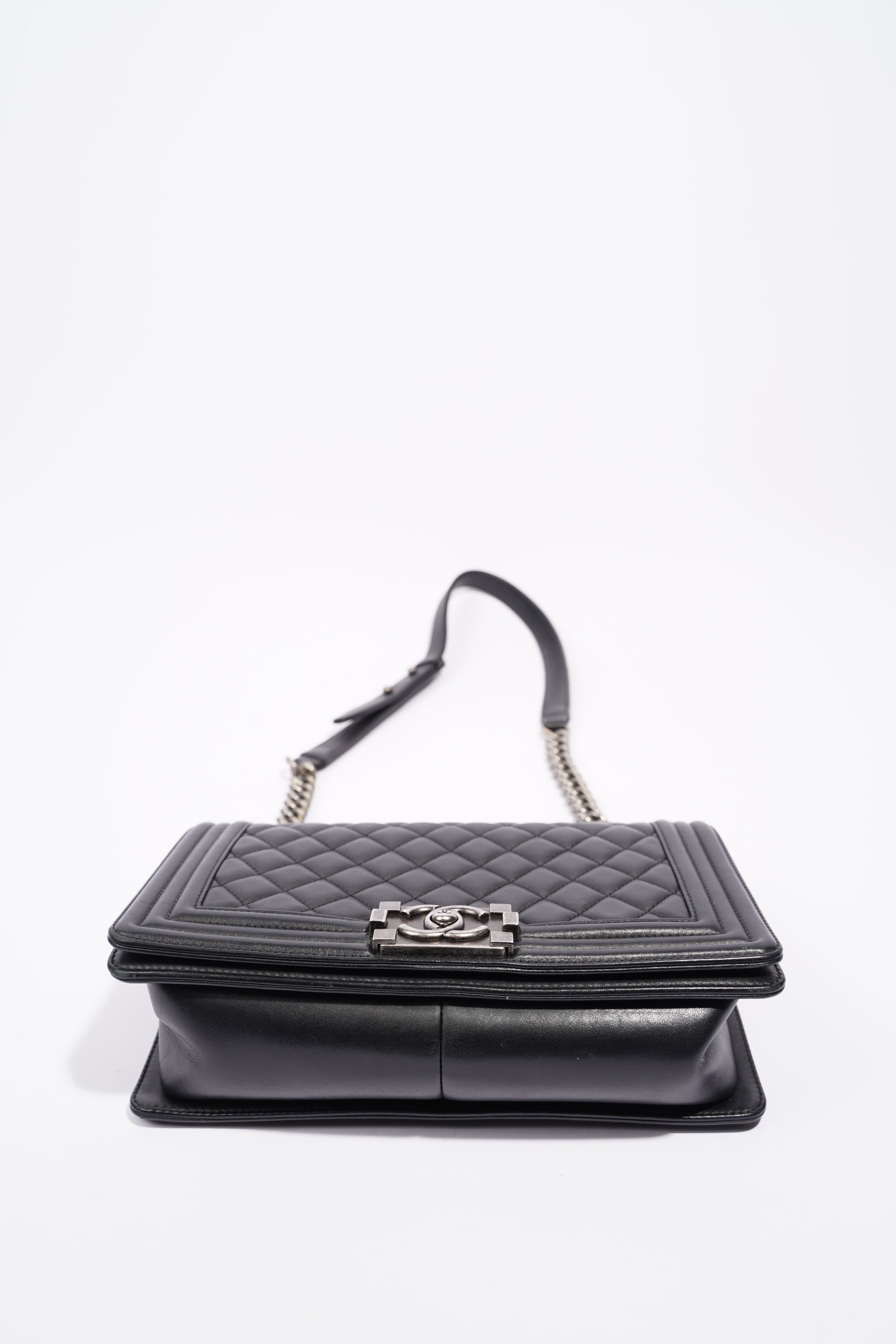 Chanel Womens Lambskin Boy Bag Black Silver Medium