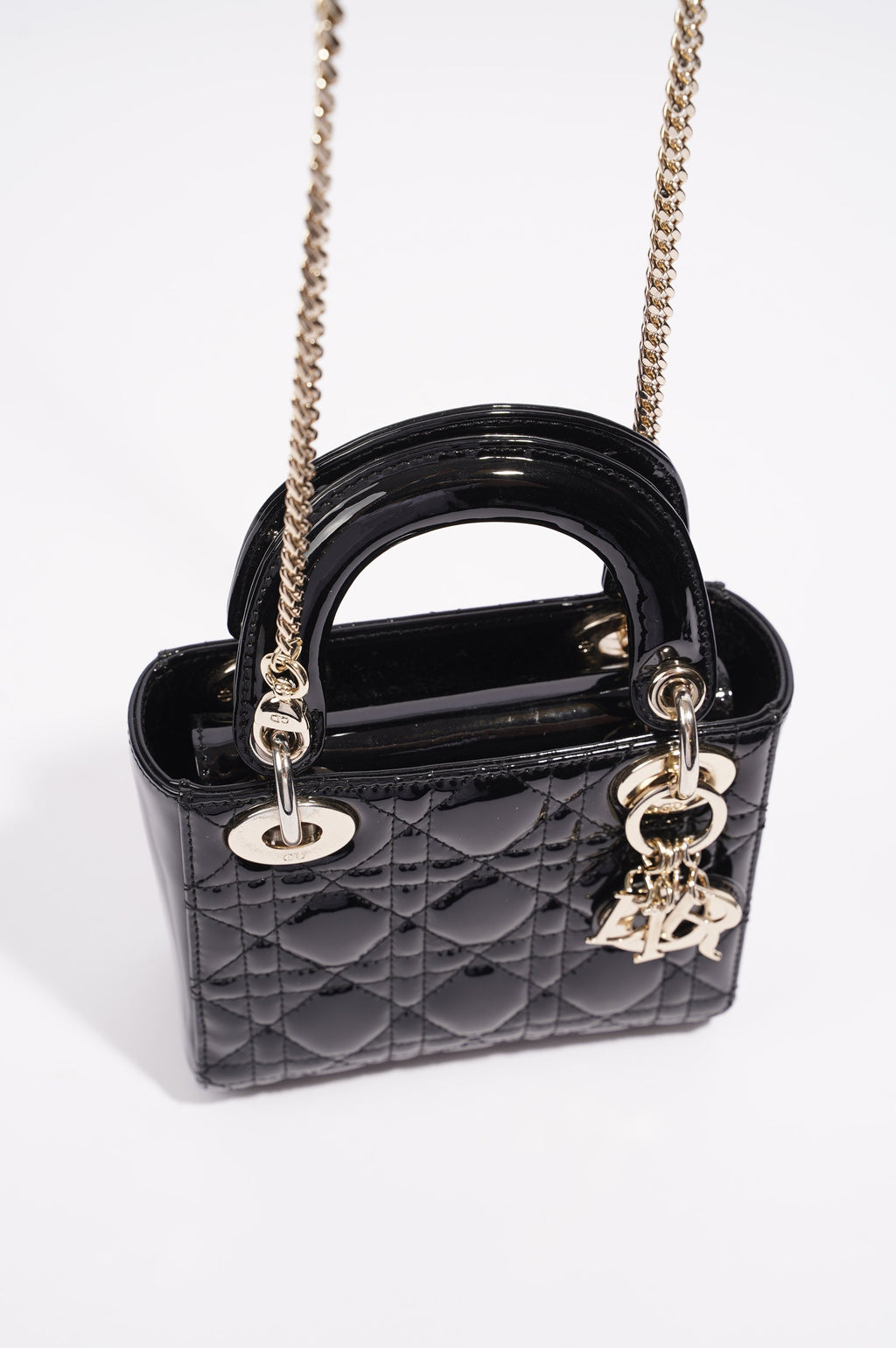 Christian Dior Womens Lady Dior Cannage Bag Black Patent Leather Mini