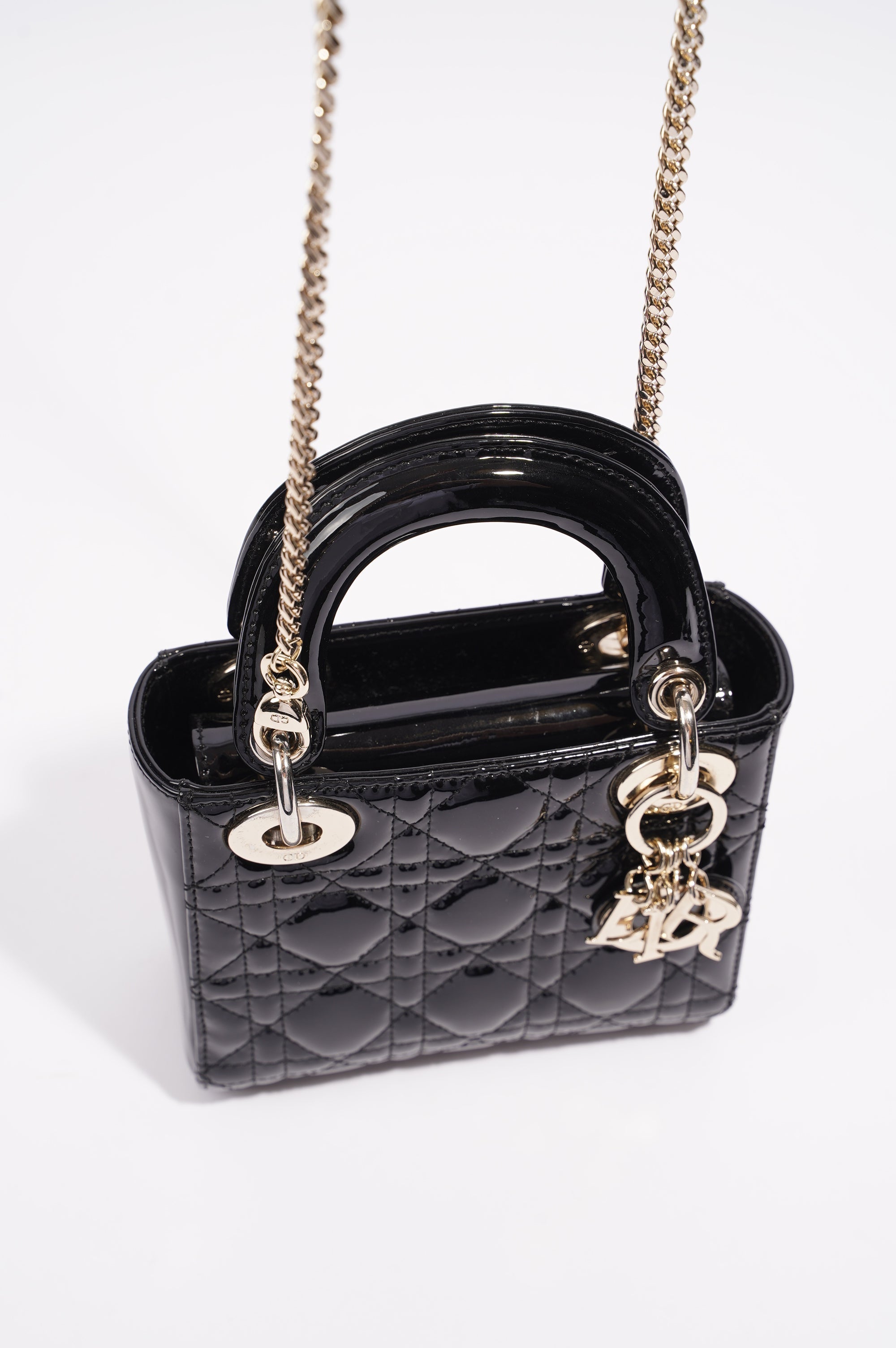 Christian Dior Womens Lady Dior Cannage Bag Black Patent Leather Mini