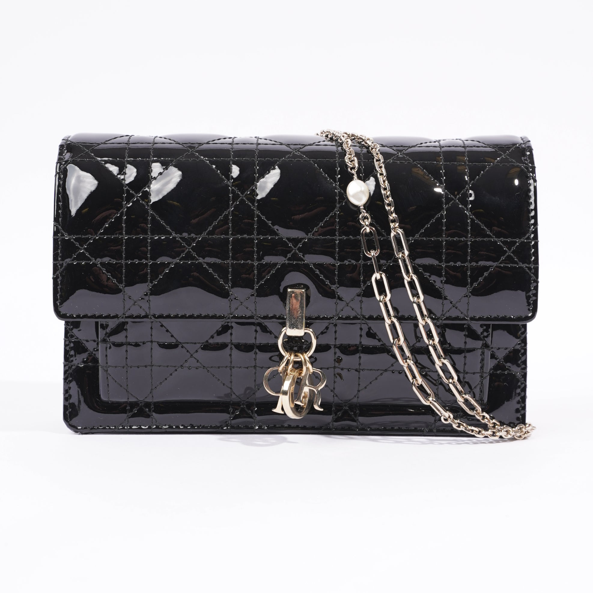Christian Dior Womens Chain Pouch Cannage Patent Black