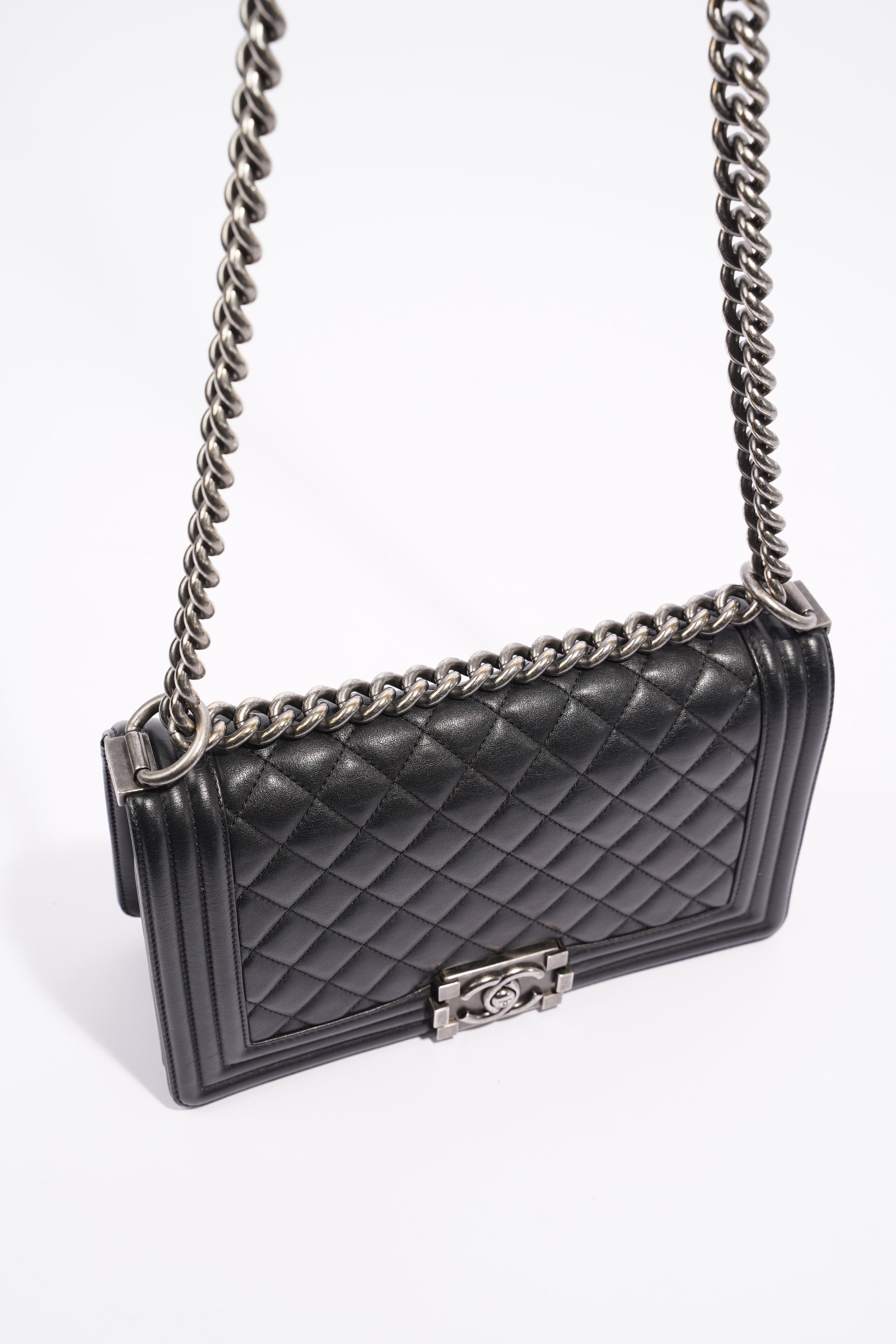 Chanel Womens Lambskin Boy Bag Black Silver Medium