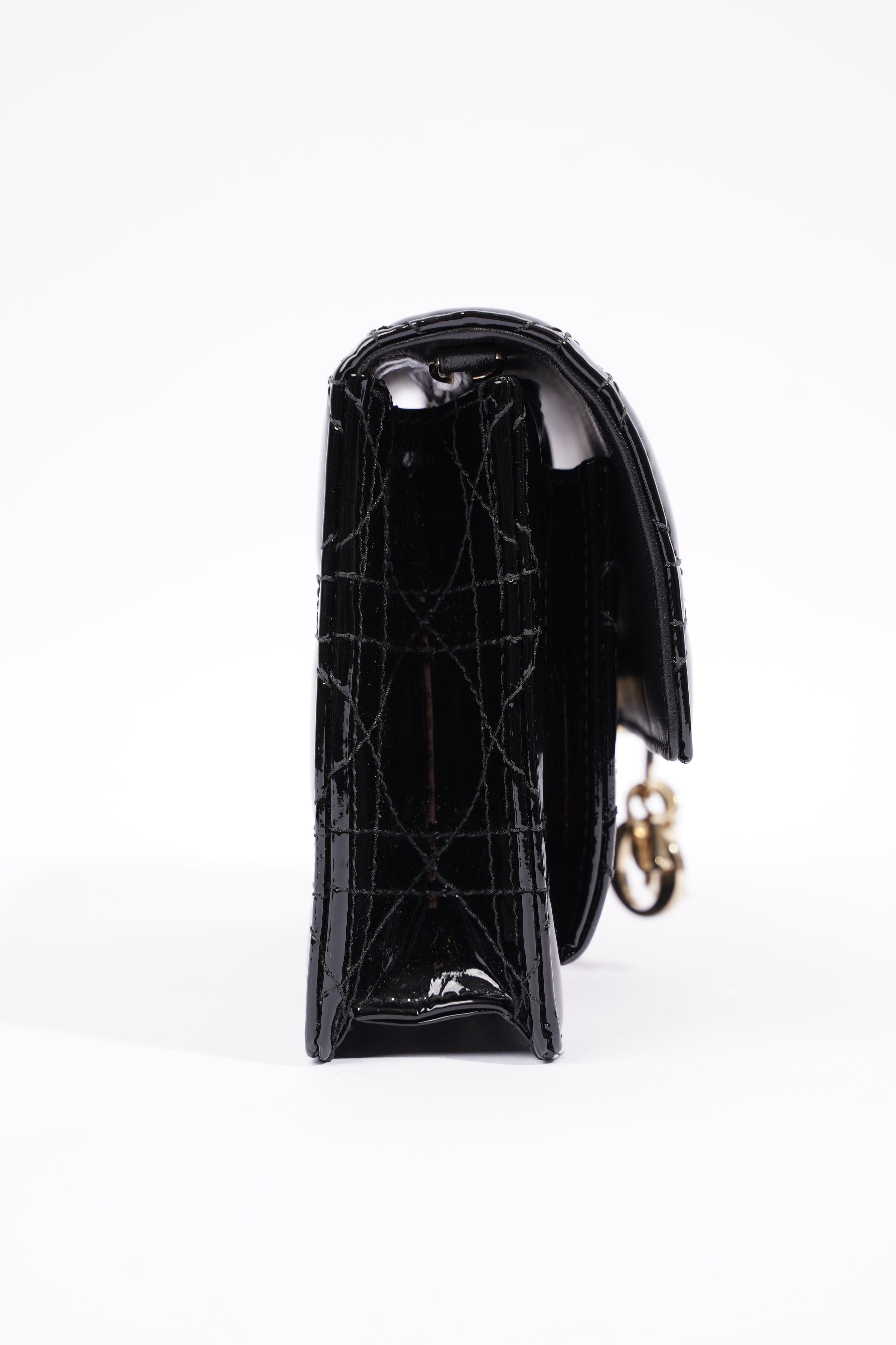 Christian Dior Womens Chain Pouch Cannage Patent Black