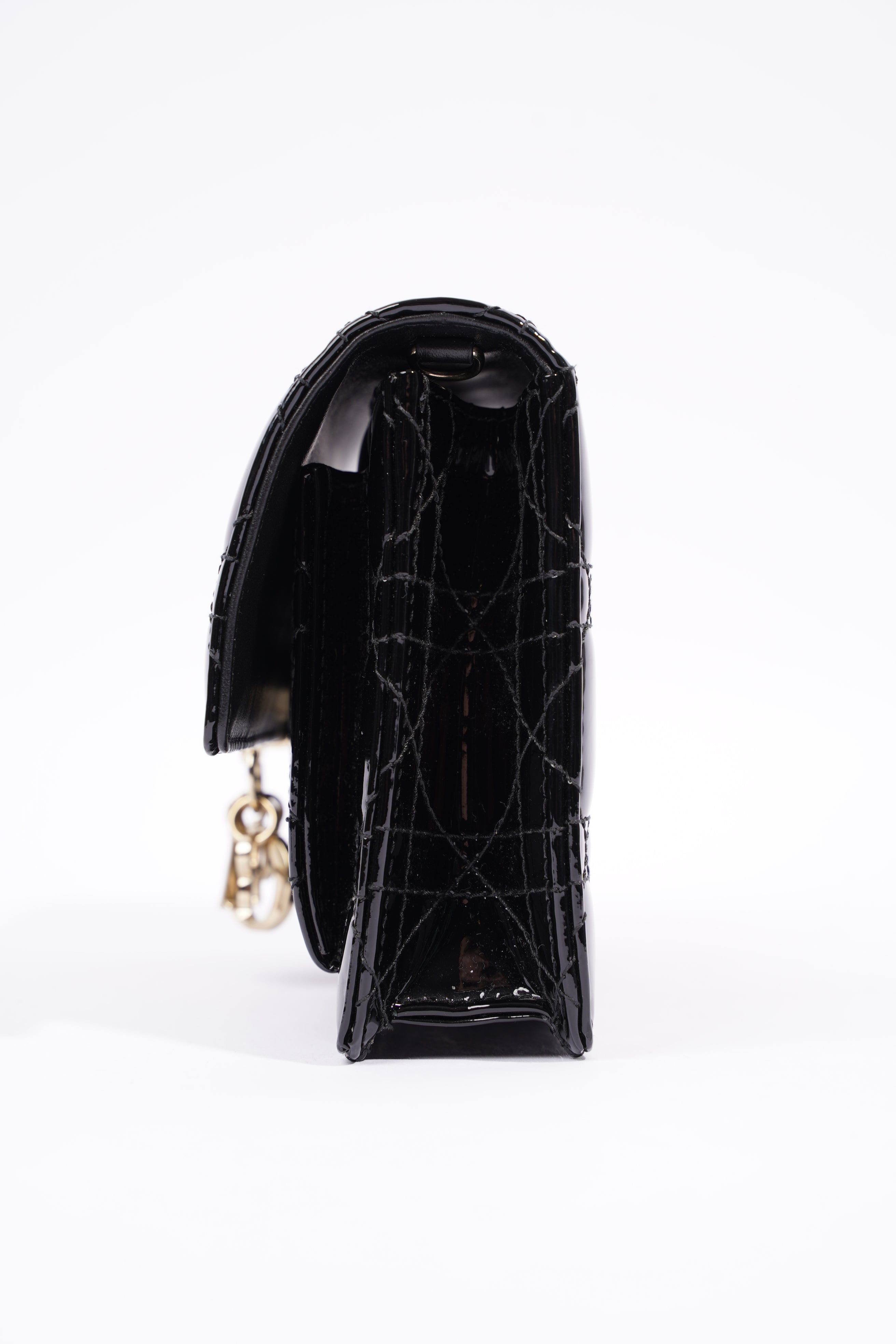 Christian Dior Womens Chain Pouch Cannage Patent Black