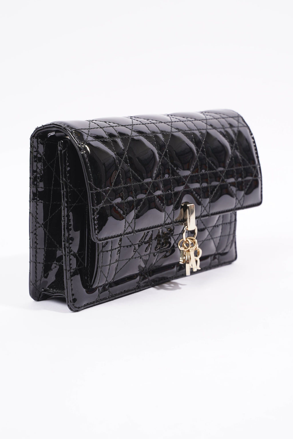 Christian Dior Womens Chain Pouch Cannage Patent Black