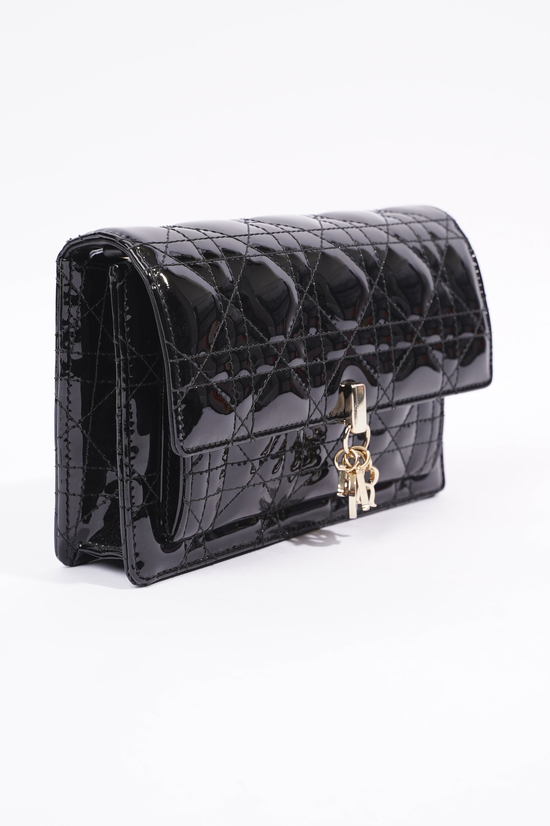 Christian Dior Womens Chain Pouch Cannage Patent Black