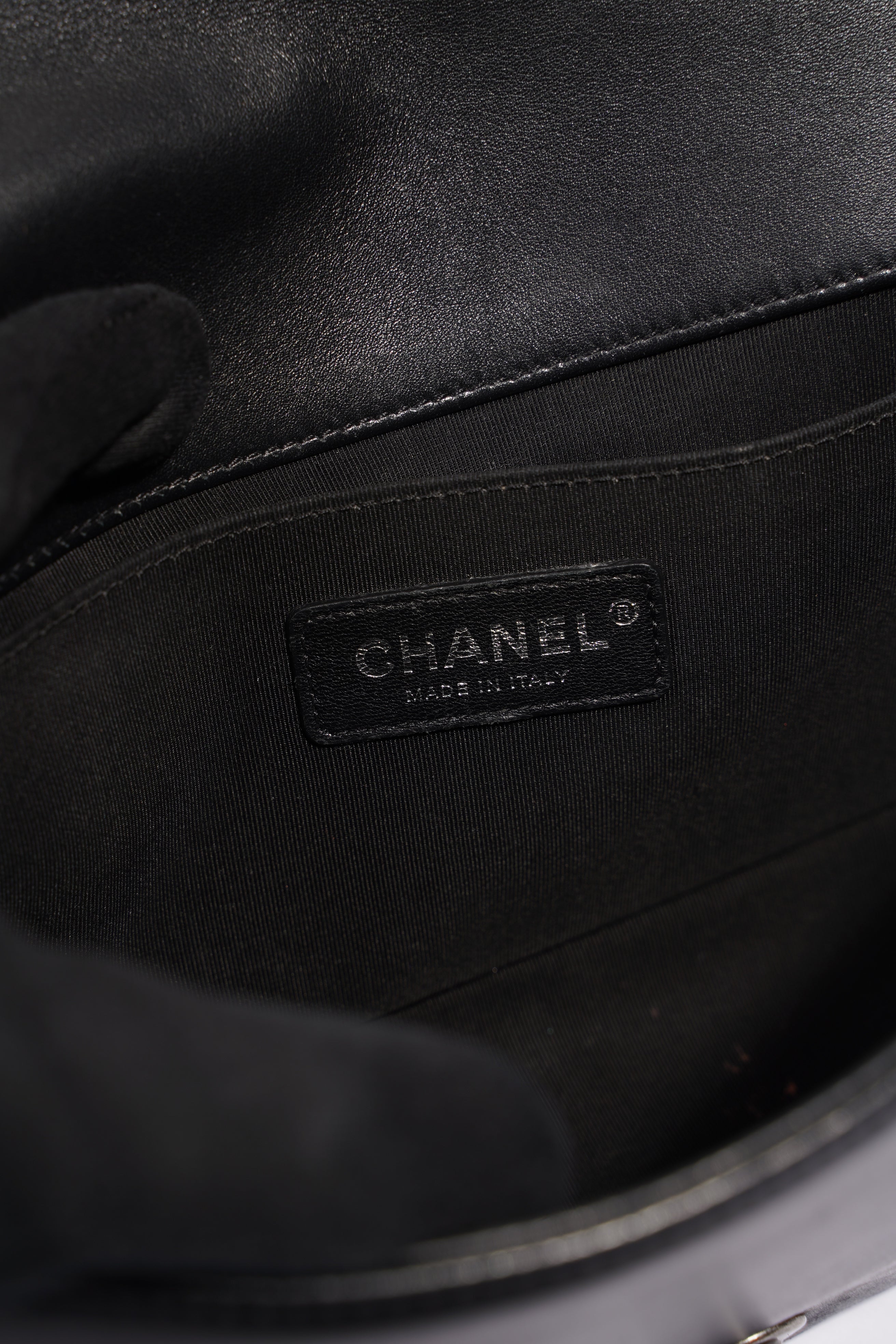 Chanel Womens Lambskin Boy Bag Black Silver Medium