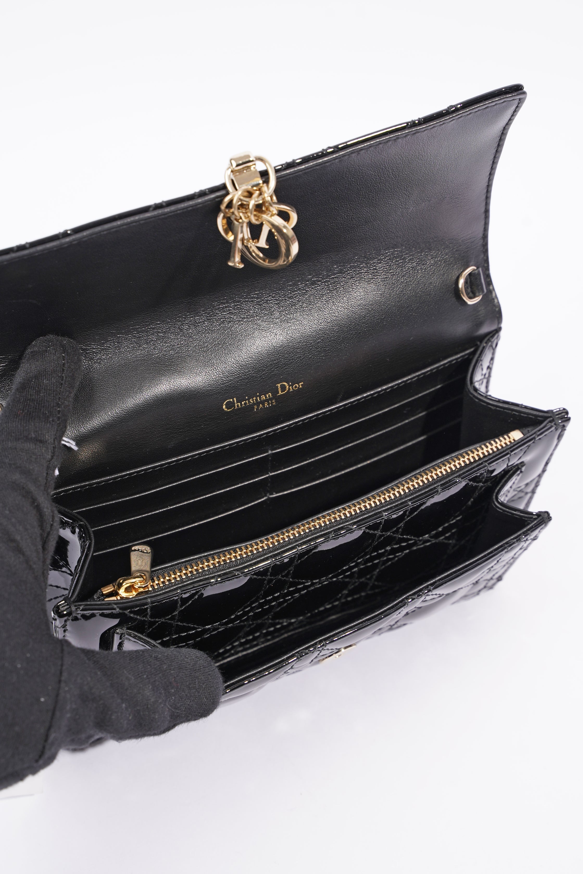 Christian Dior Womens Chain Pouch Cannage Patent Black