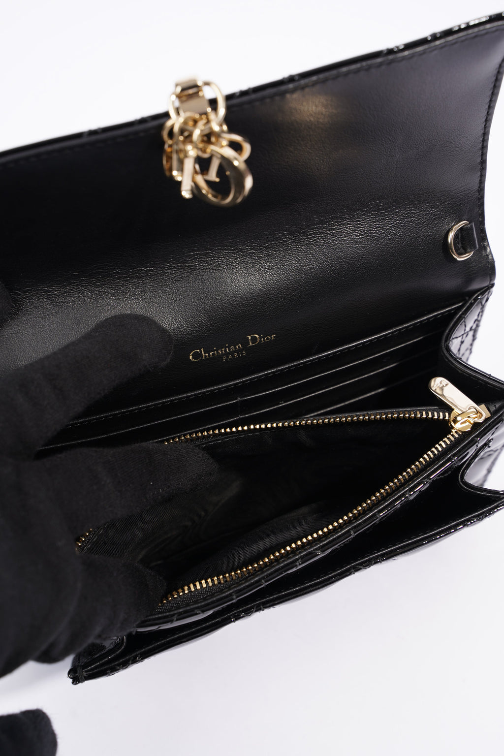 Christian Dior Womens Chain Pouch Cannage Patent Black