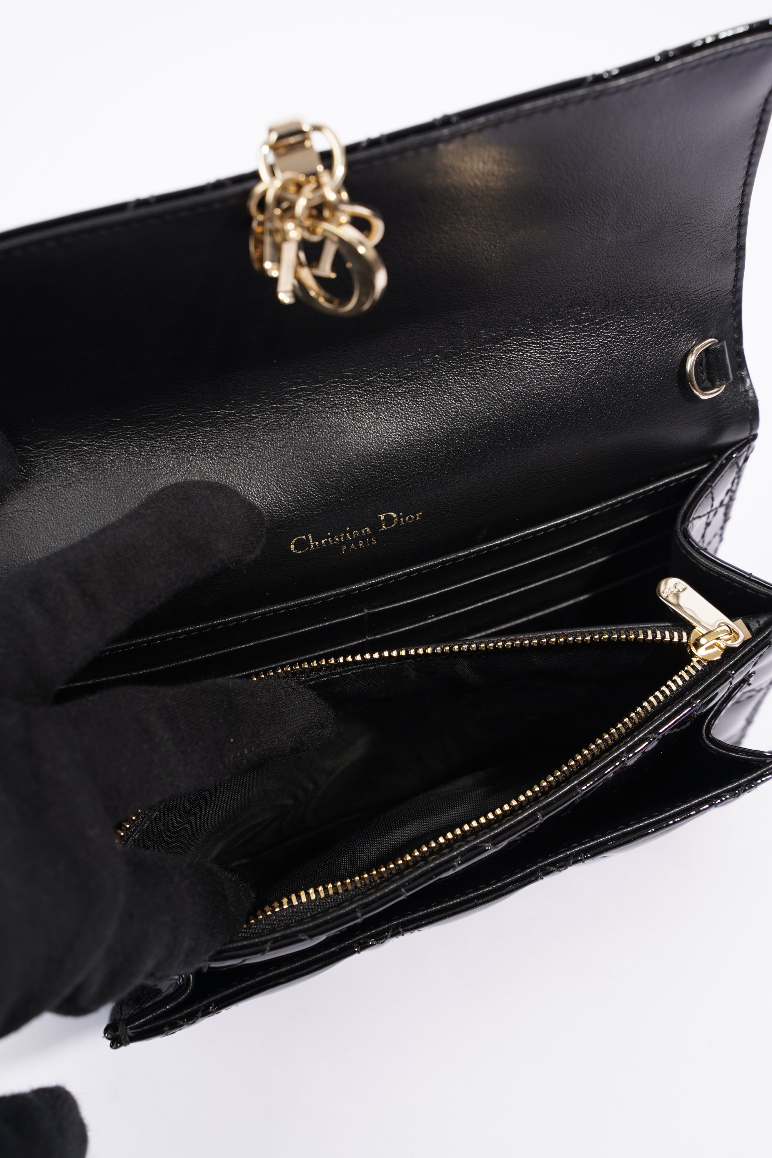 Christian Dior Womens Chain Pouch Cannage Patent Black