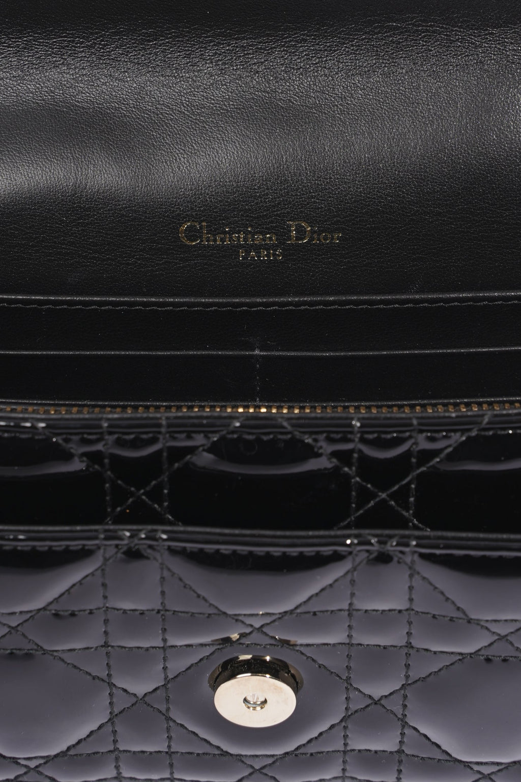 Christian Dior Womens Chain Pouch Cannage Patent Black