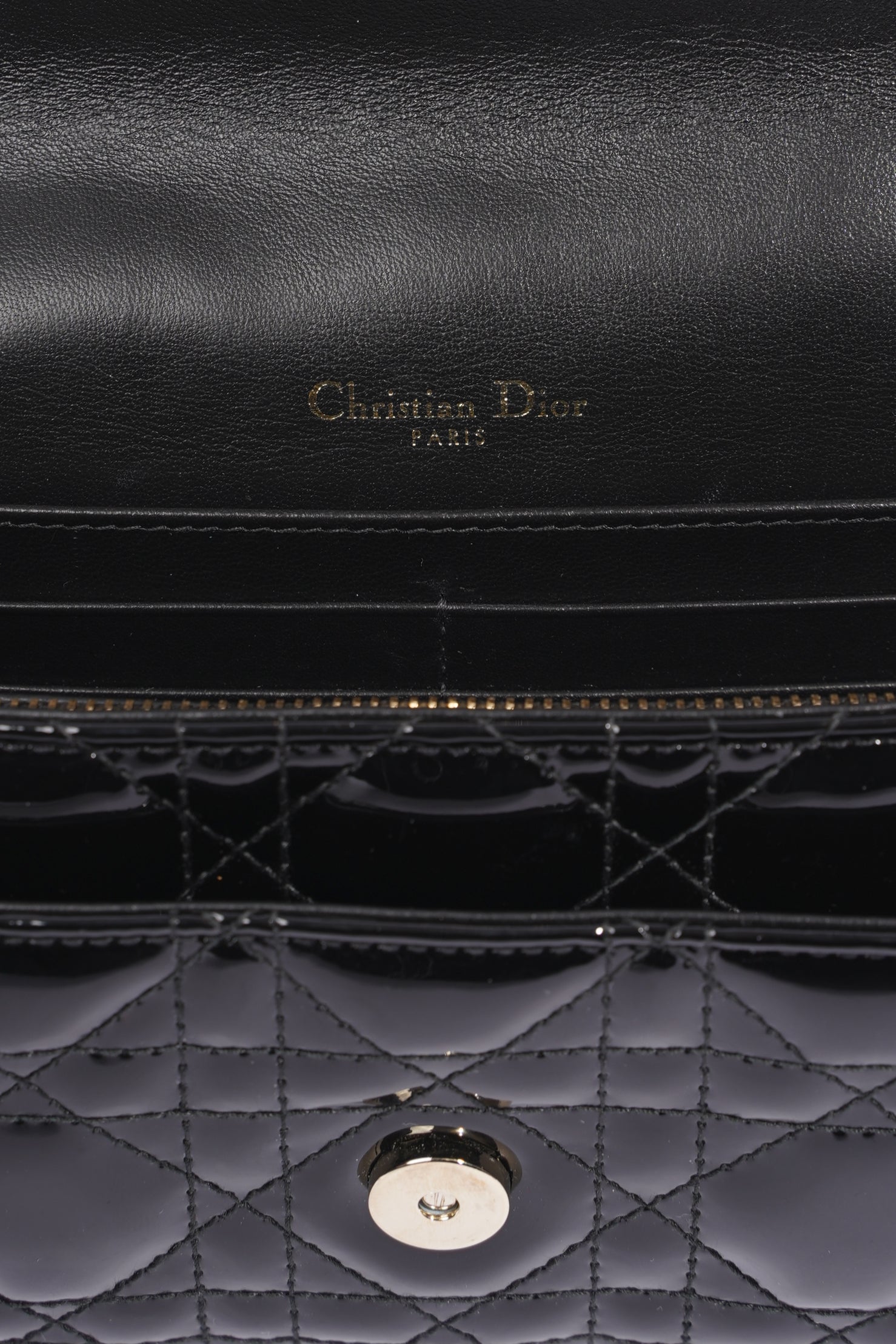 Christian Dior Womens Chain Pouch Cannage Patent Black